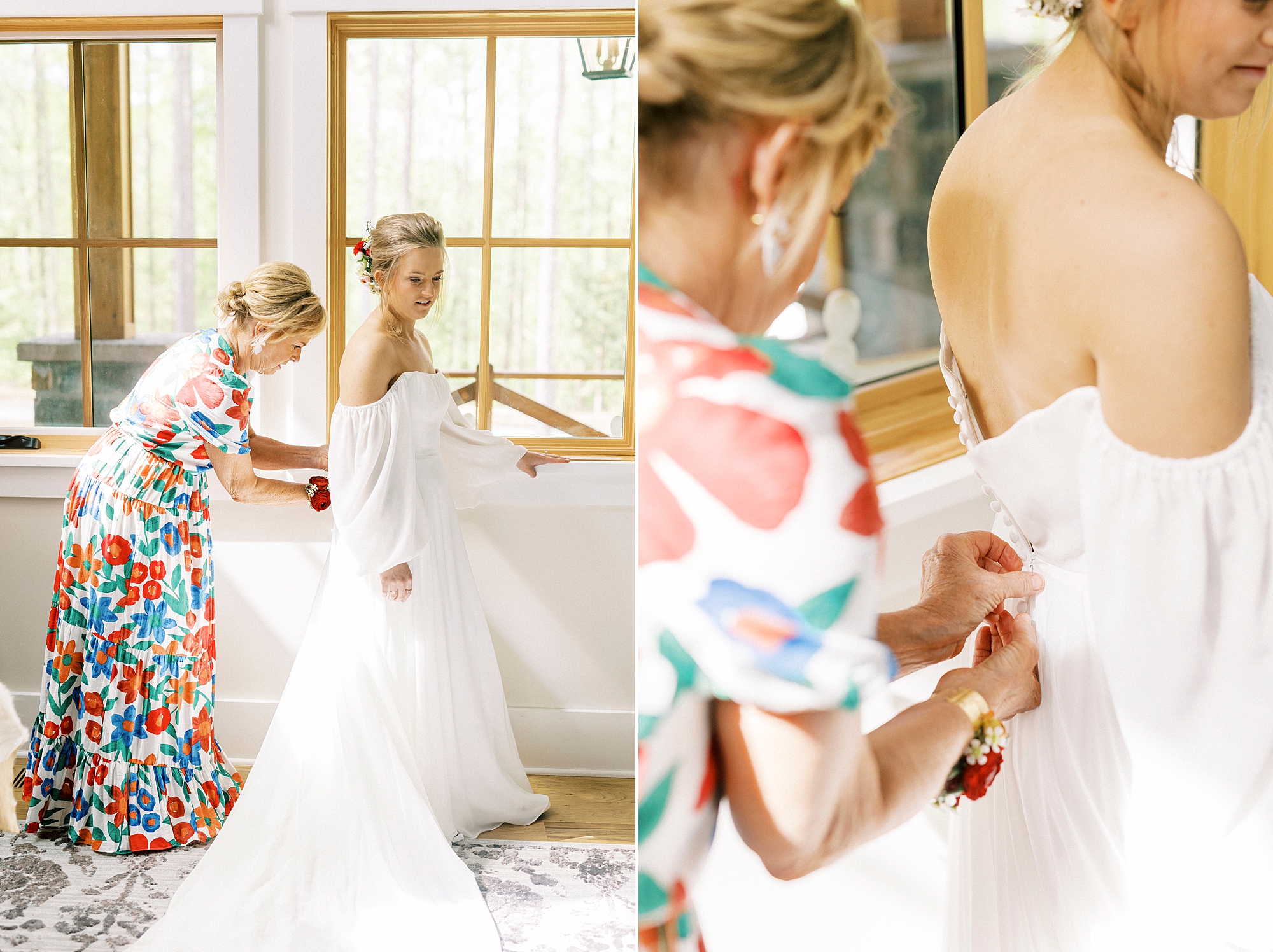mother in floral dress helps bride into boho wedding gown 