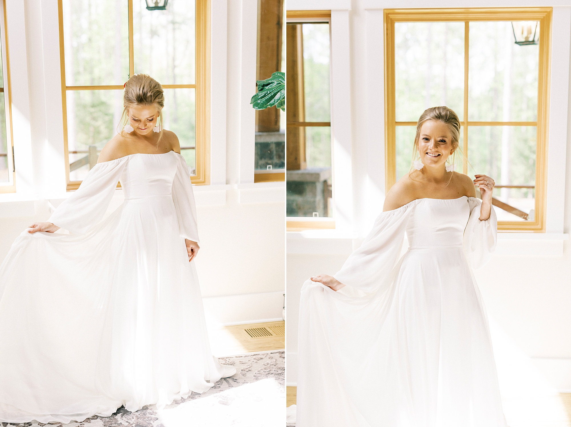 bride in boho style wedding dress spins in living room