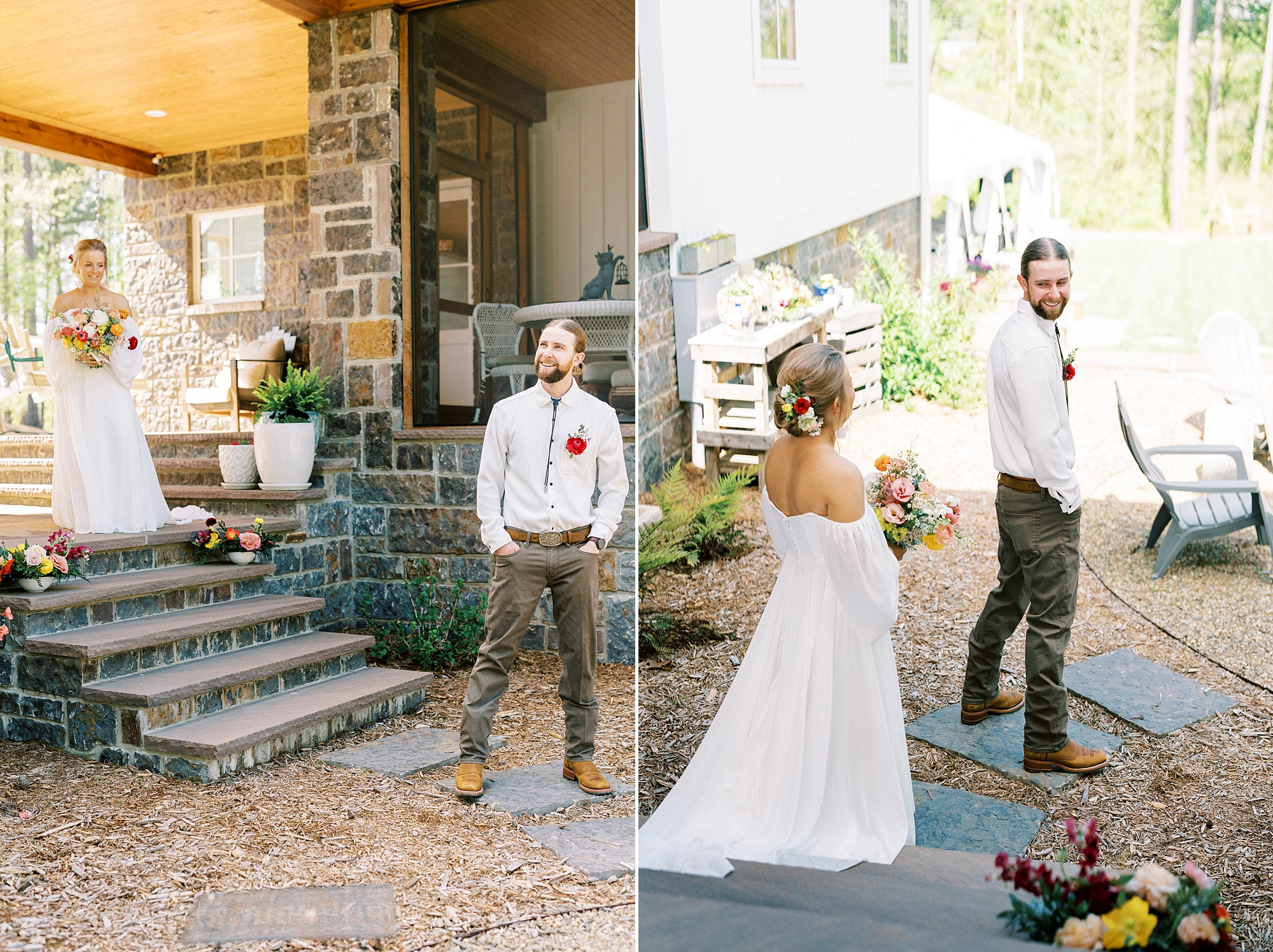 bride walks down front steps of home to meet groom for first look