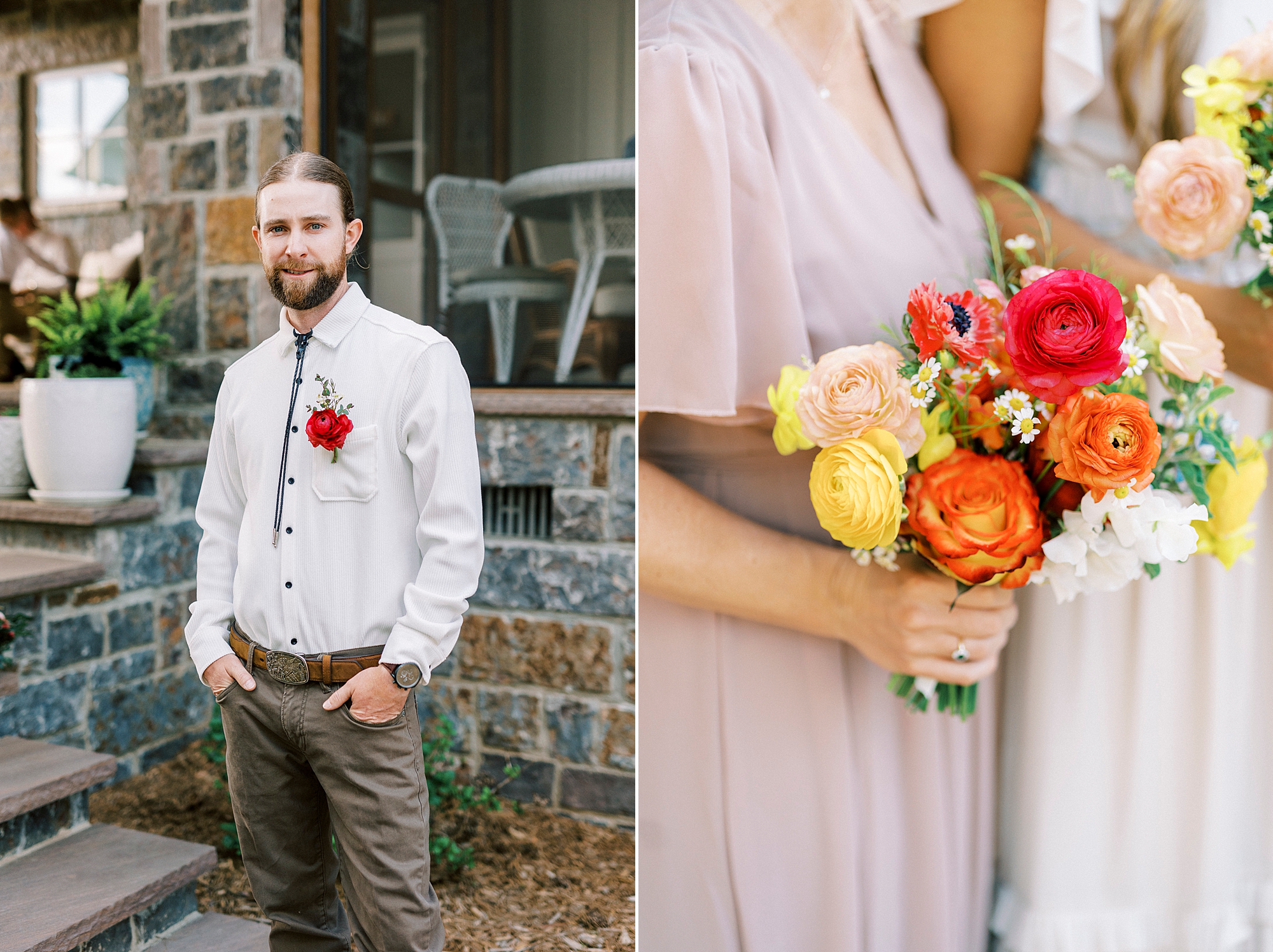 groom stands with hands in pockets of jeans while bridesmaids hold bright orange and yellow bouquets 