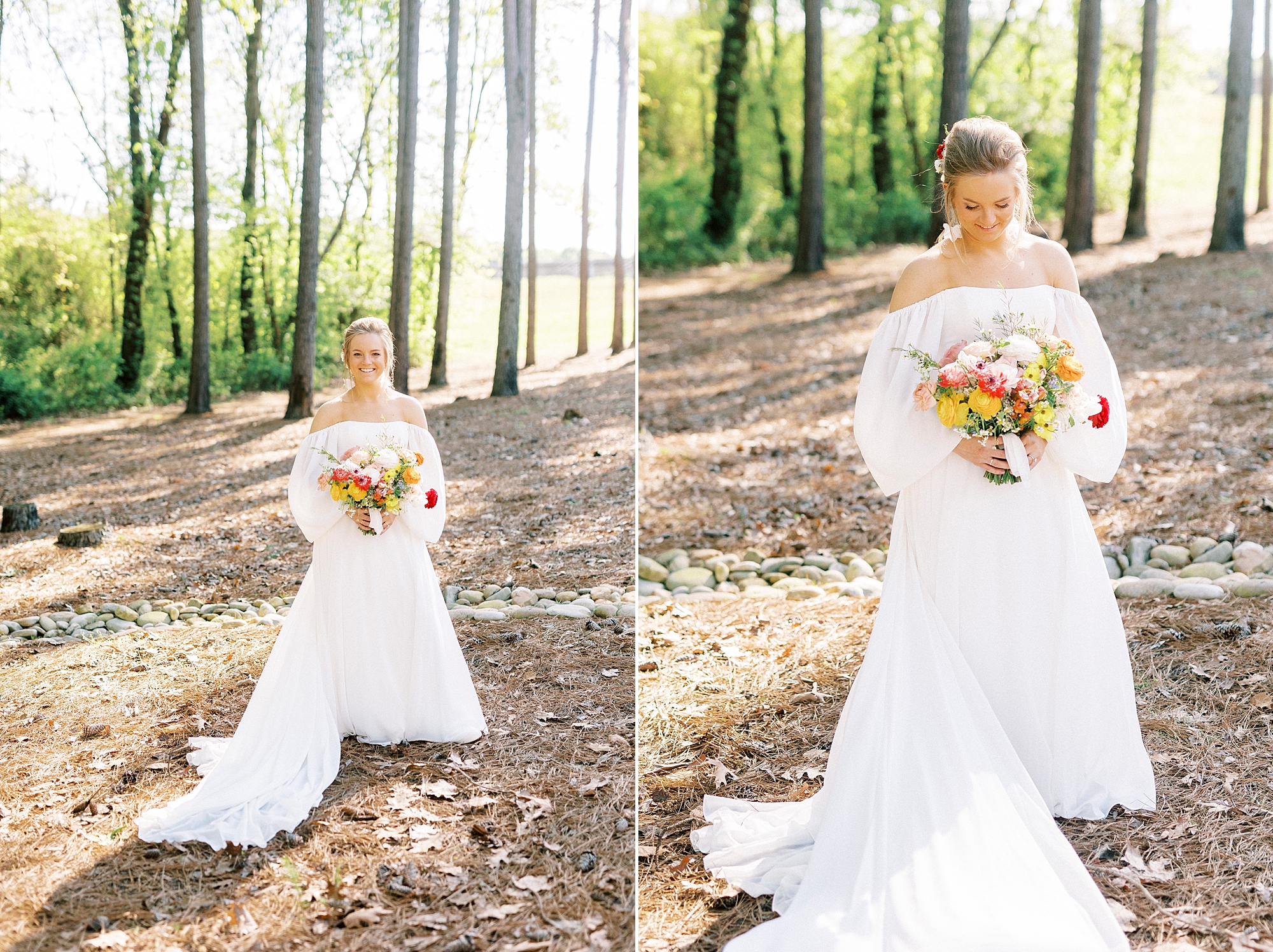 bride in off-the-shoulder boho inspired wedding gown holds bouquet of yellow and red flowers 