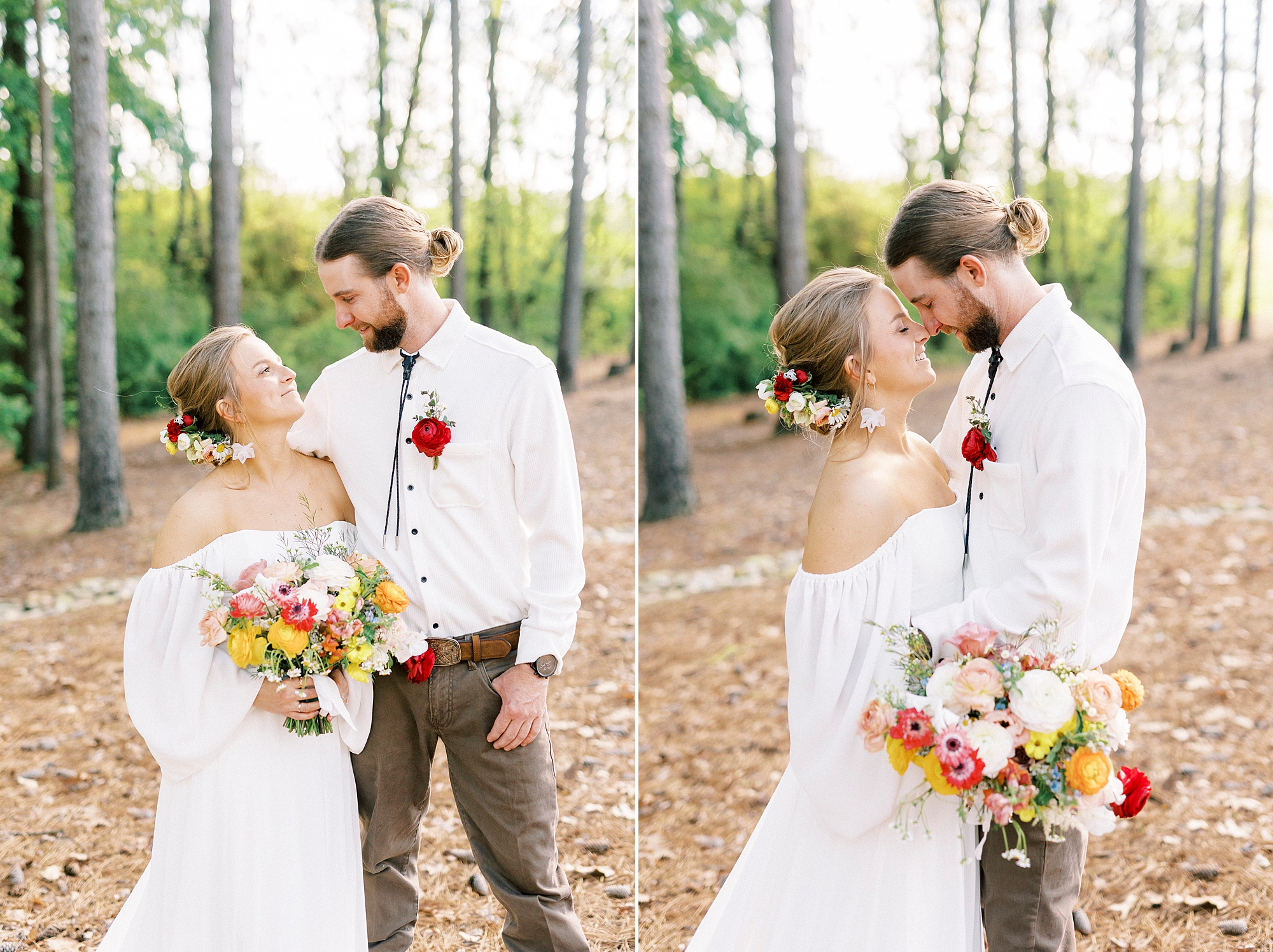 bride and groom smile together in woods of home on wedding day