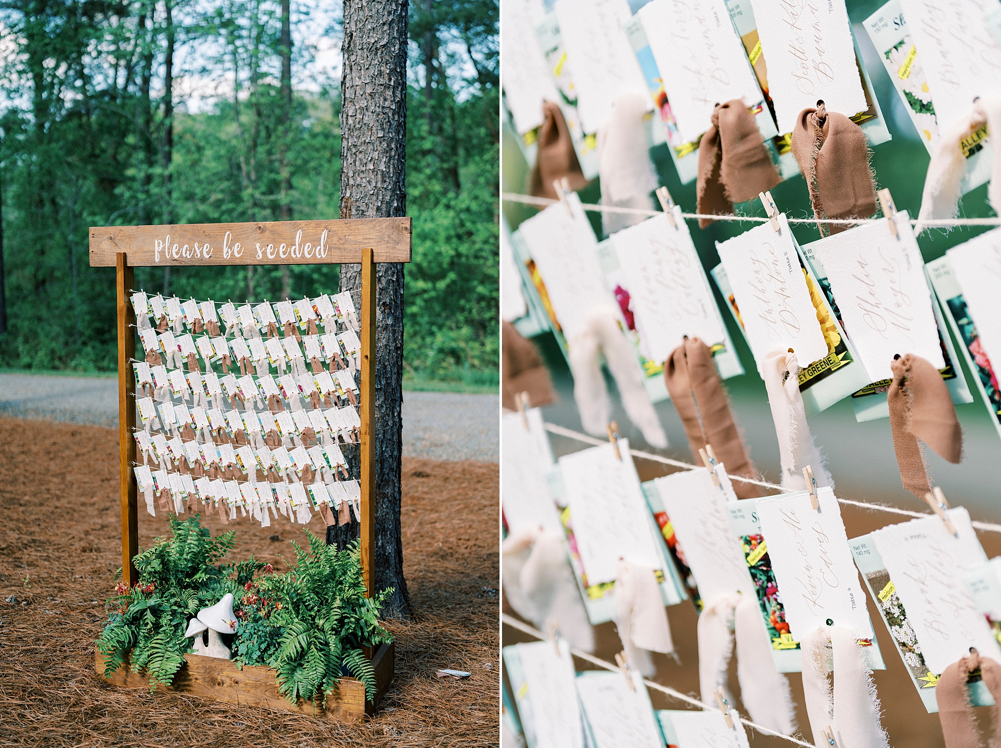 hanging seating cards on wooden structure for tented wedding reception 