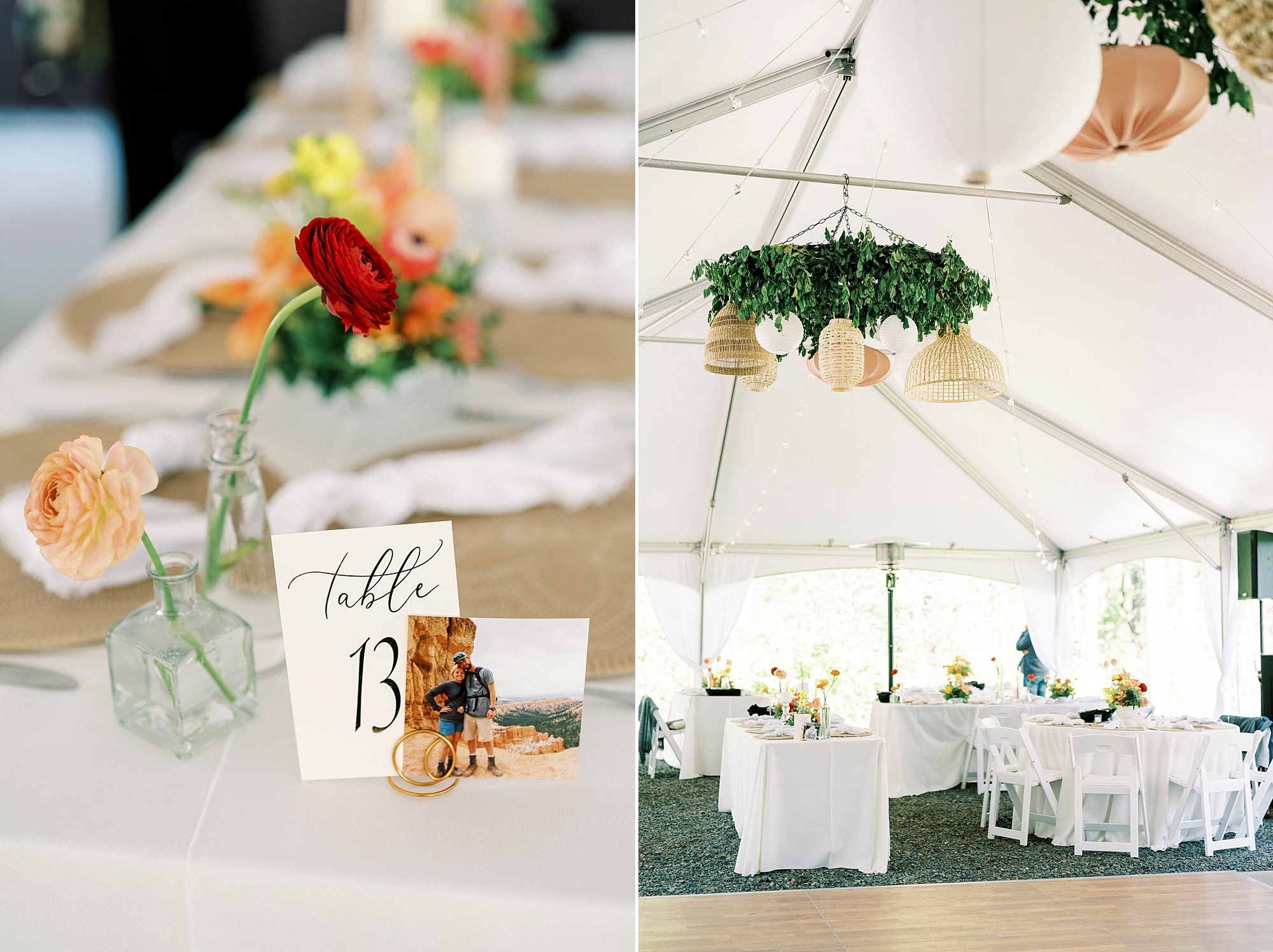 tented wedding reception with hanging greenery installation 