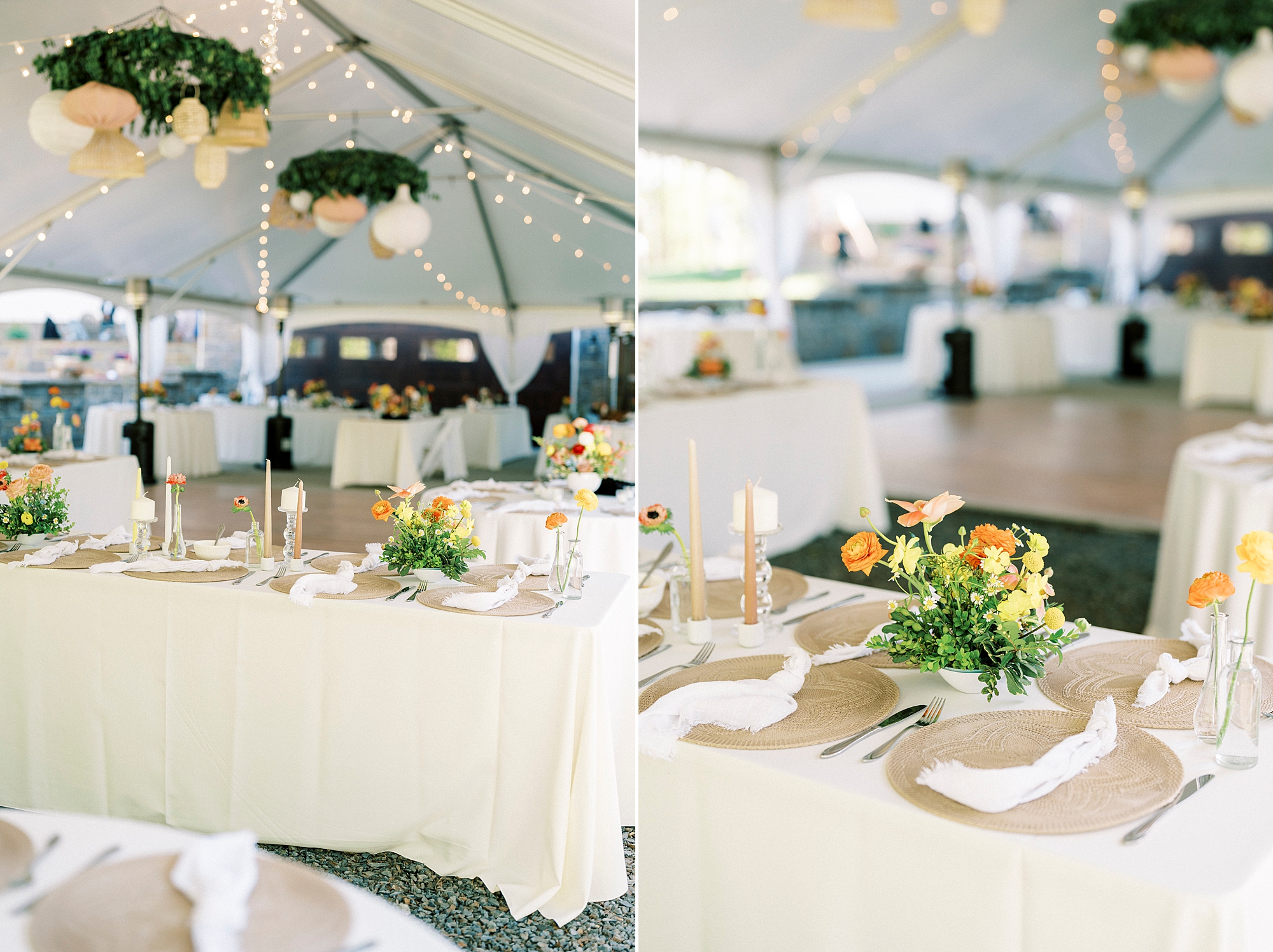 tented wedding reception with yellow and orange floral centerpieces 