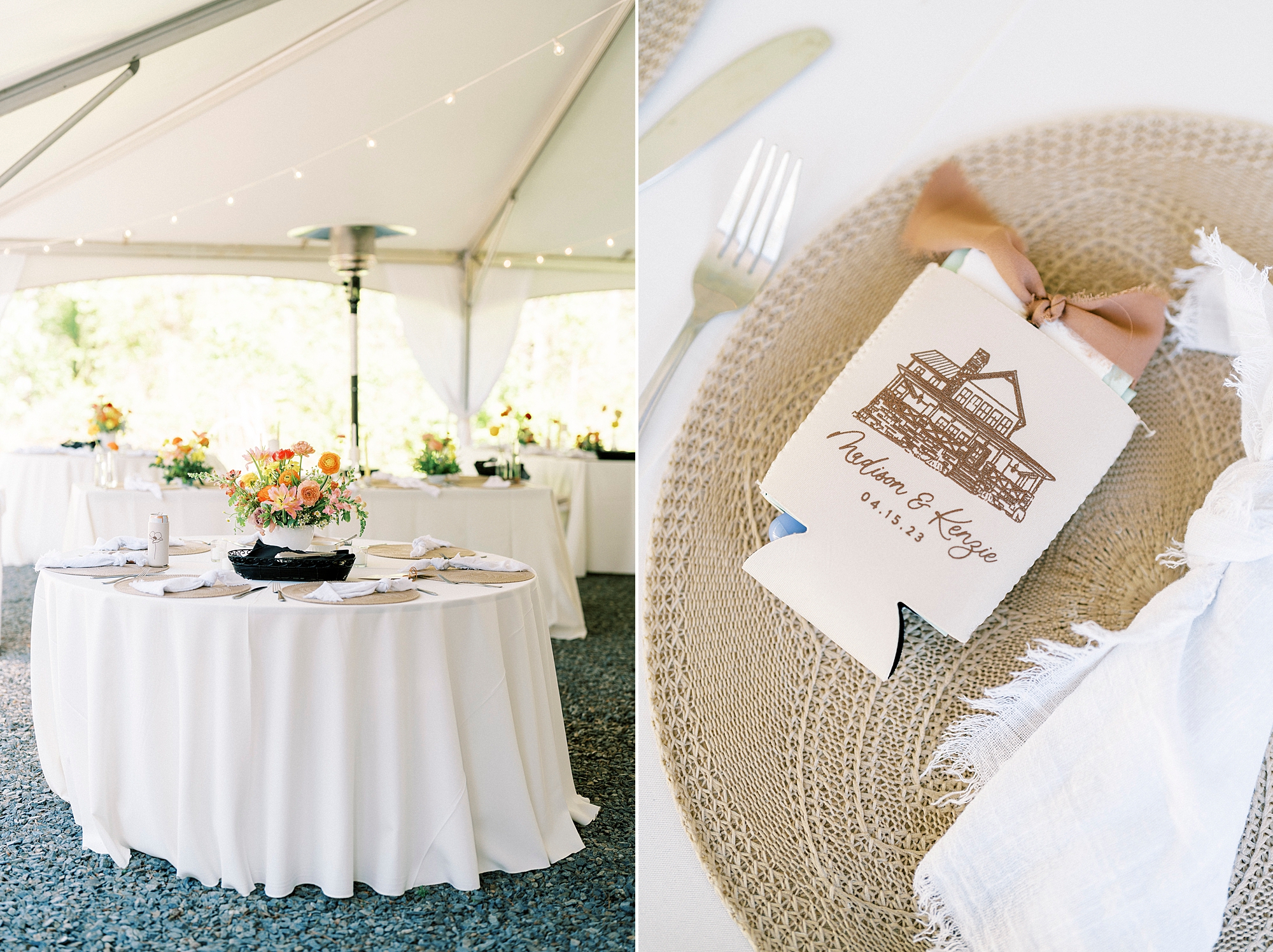 backyard wedding reception under tent with custom koozies featuring home