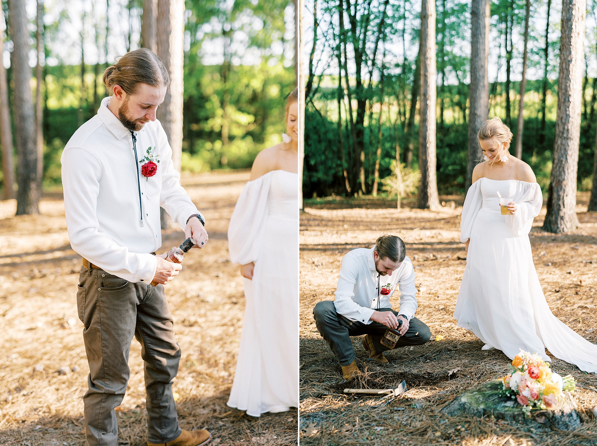 bride and groom dig up bourbon on wedding day