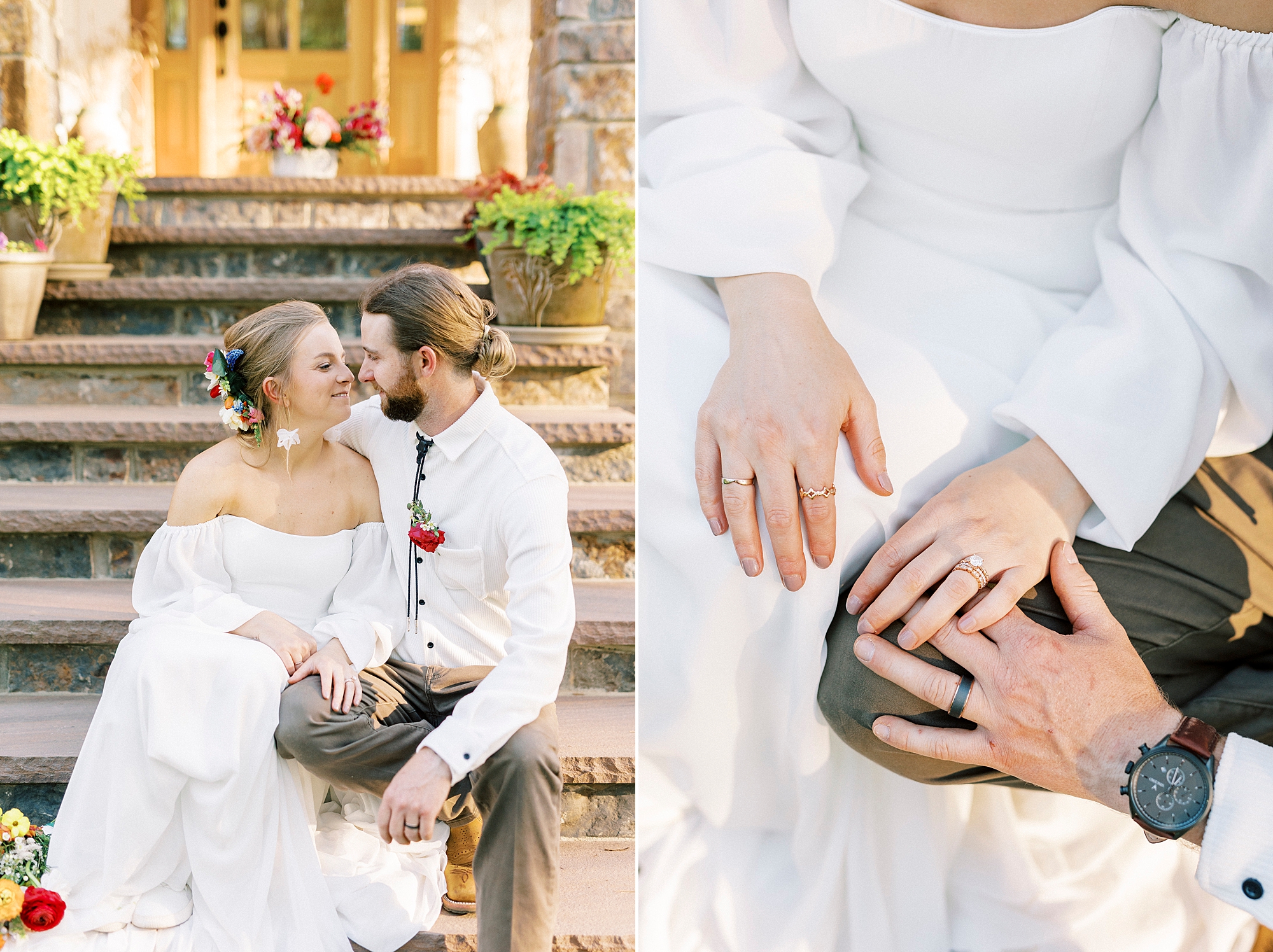 bride and groom sit on front steps of home holding hands 