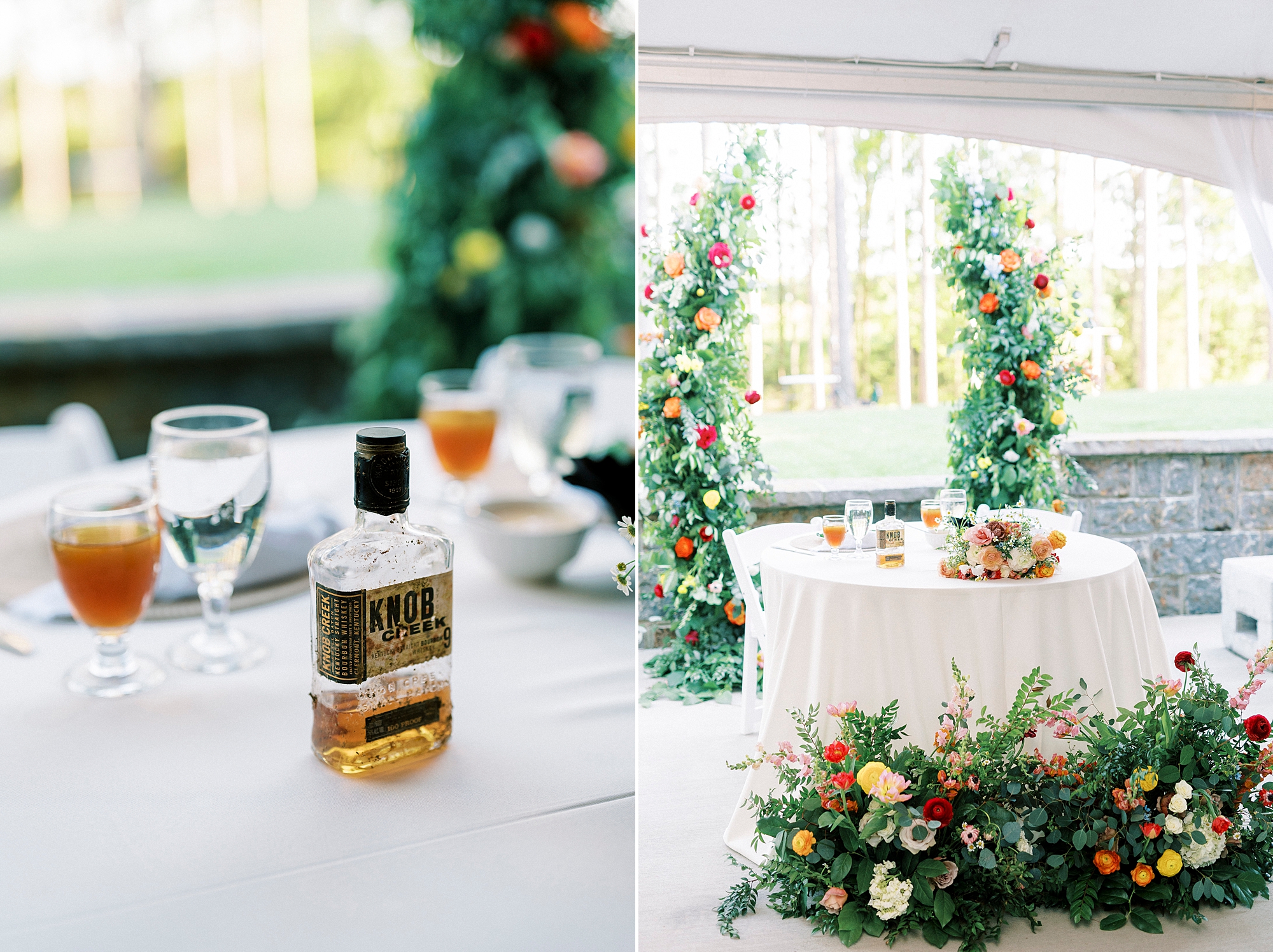couple's bourbon sits on head table during wedding reception on lawn in Richfield NC