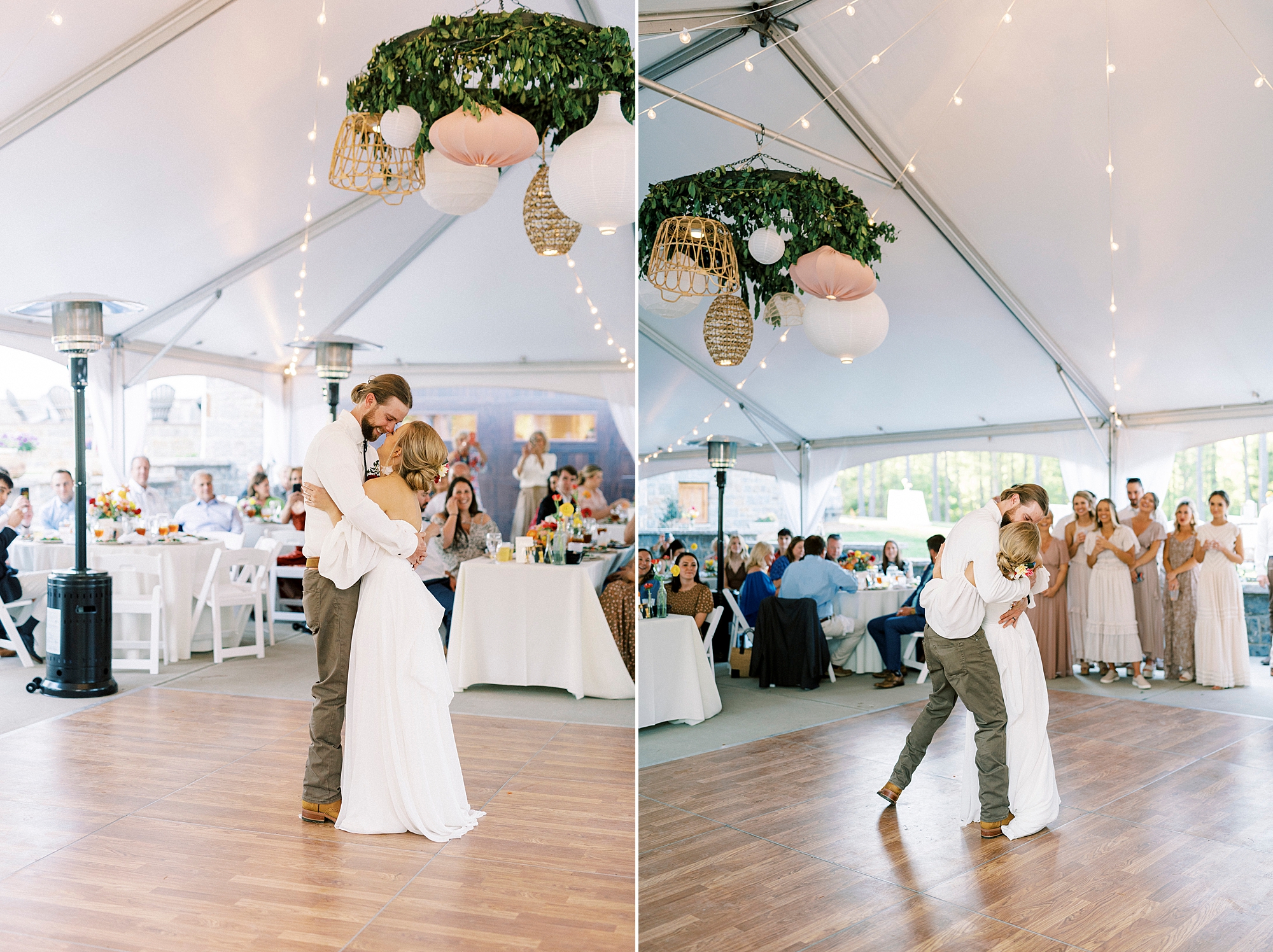 newlyweds' first dance during wedding reception on lawn in Richfield NC