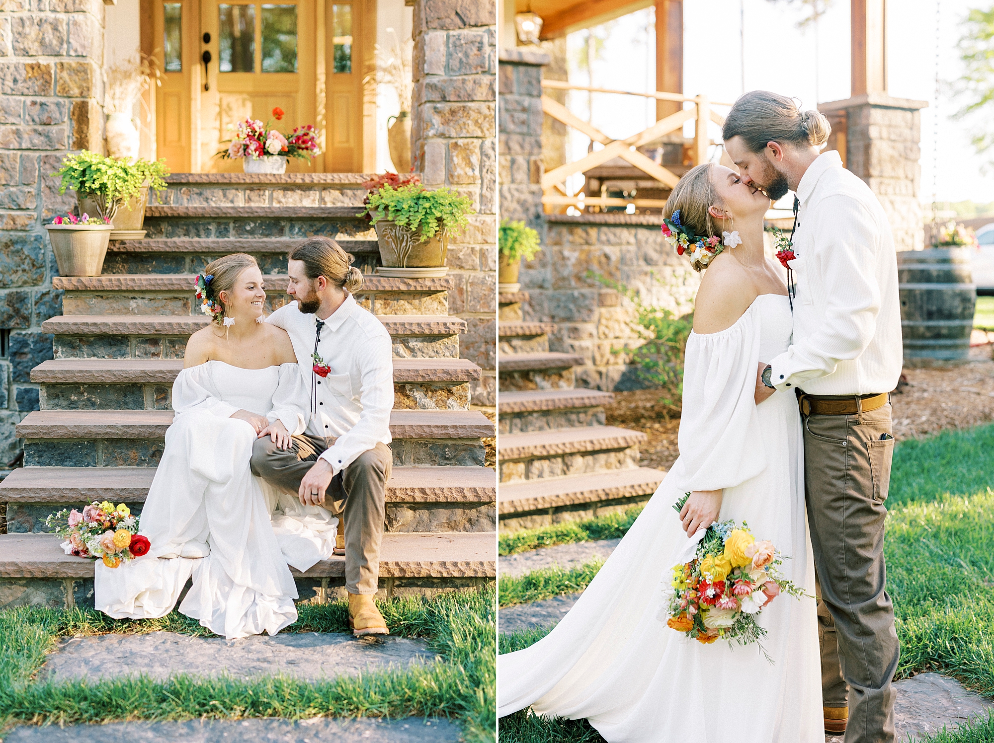 newlyweds hug and kiss in front of front steps of home in Richfield NC