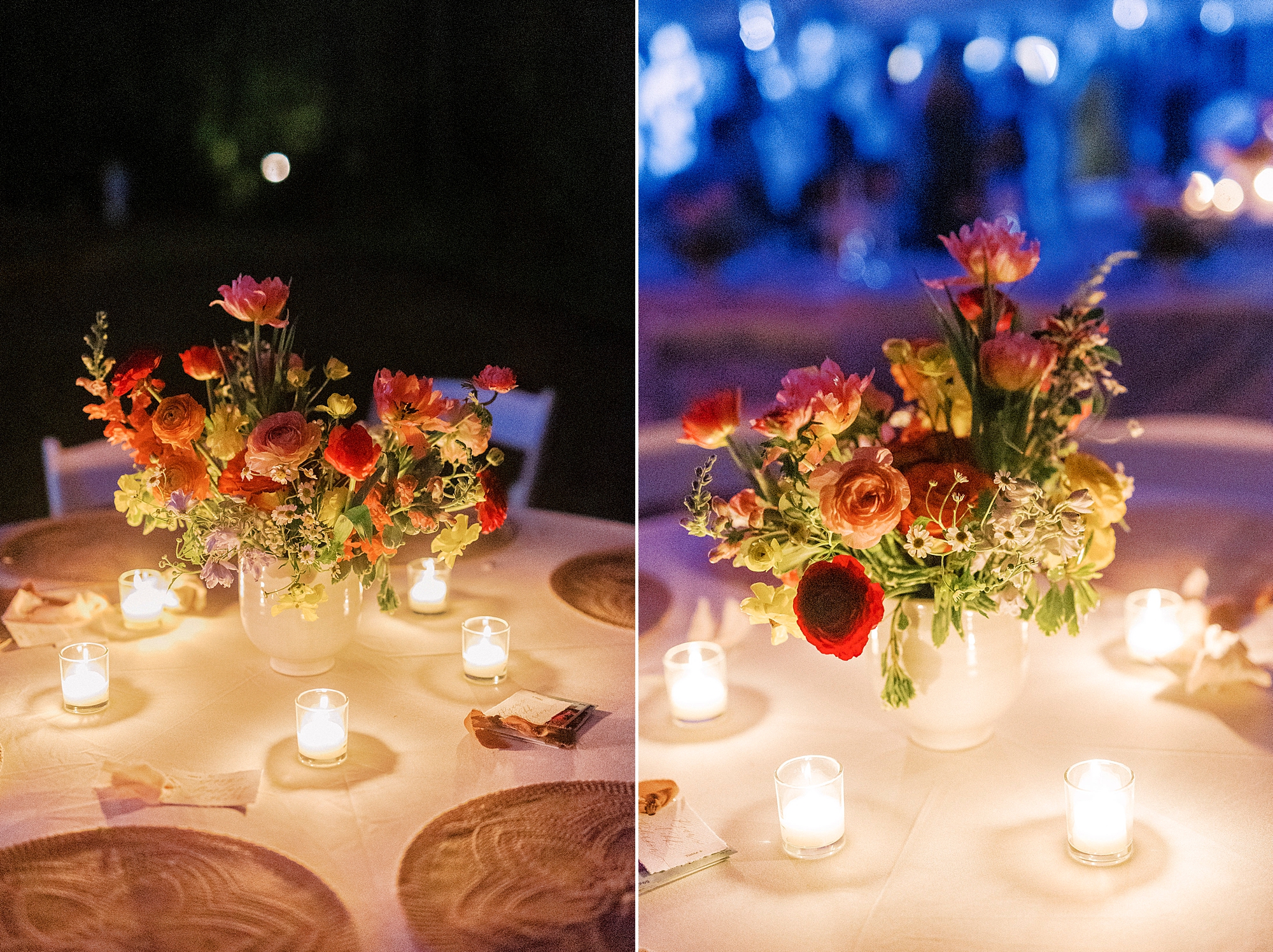 reception table with lit candles for wedding reception on lawn in Richfield NC