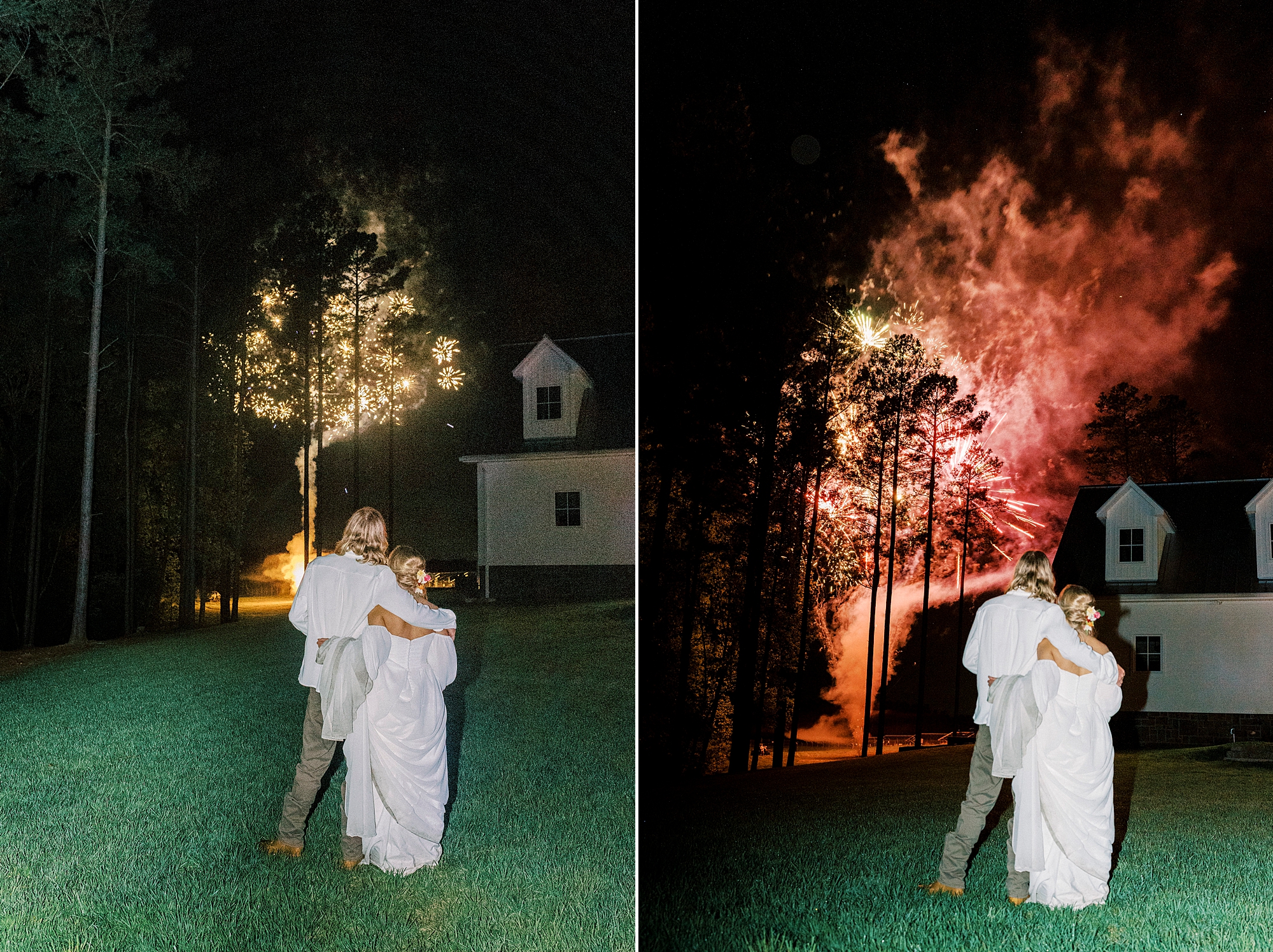 bride and groom hug watching fireworks display 