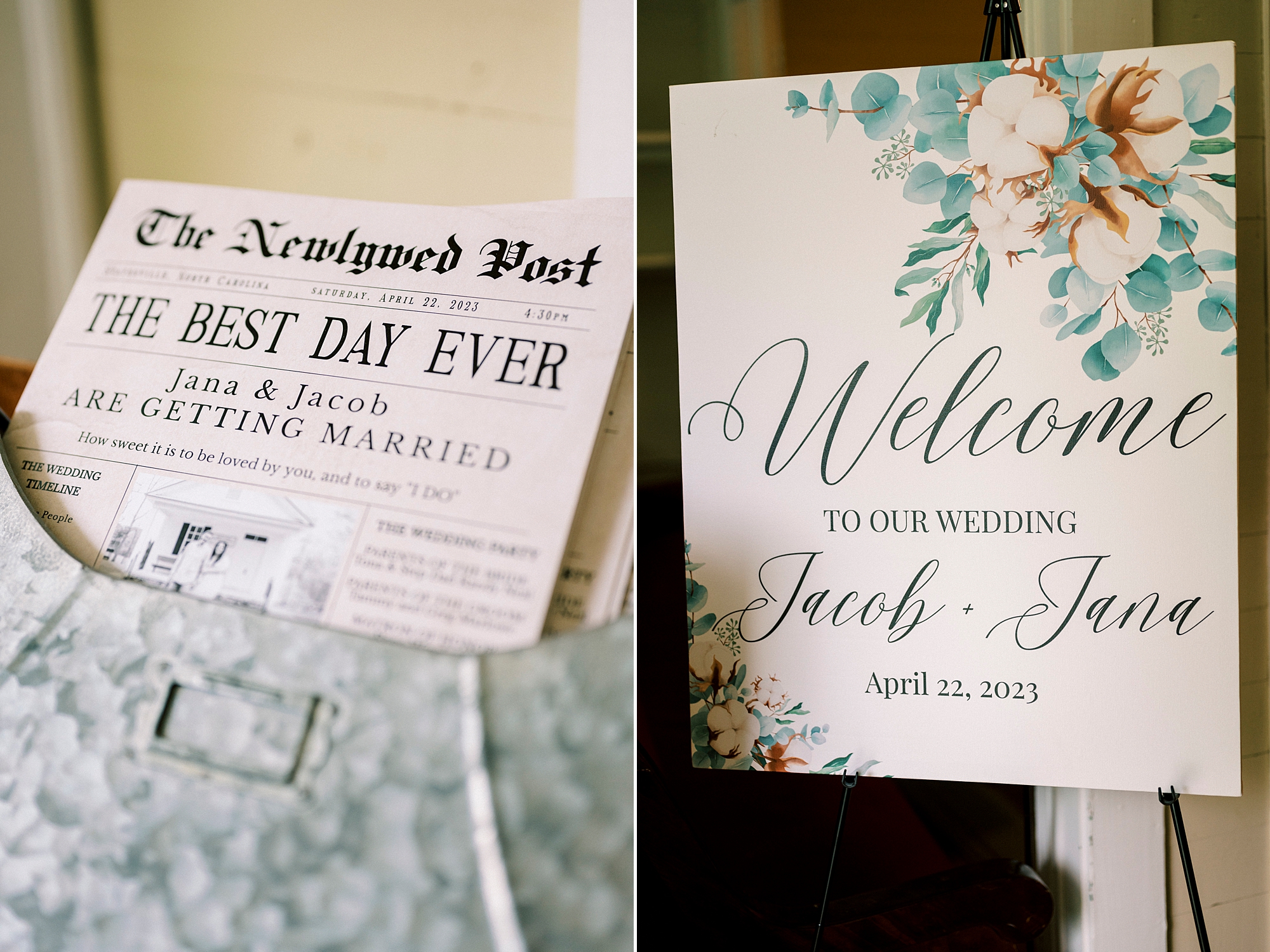 welcome sign and newspaper themed sign for wedding reception 