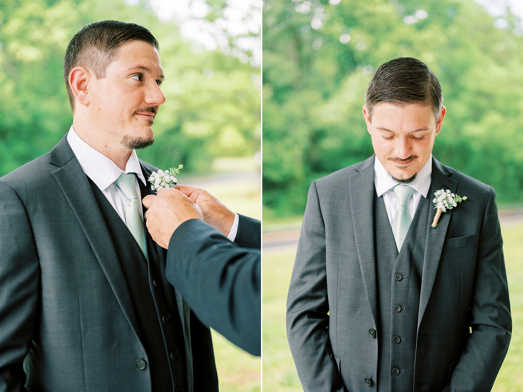 groom has boutonnière put on him for spring wedding in Statesville NC