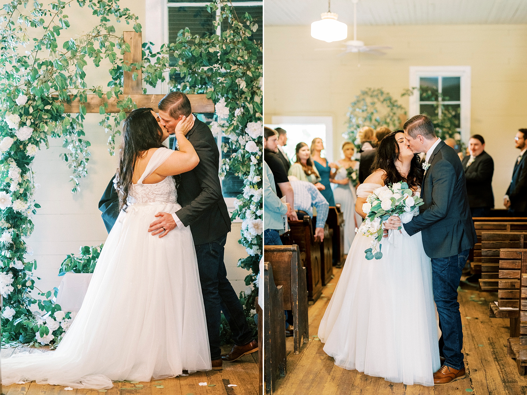 newlyweds kiss and walk up aisle inside Troutman Historical Cemetery chapel