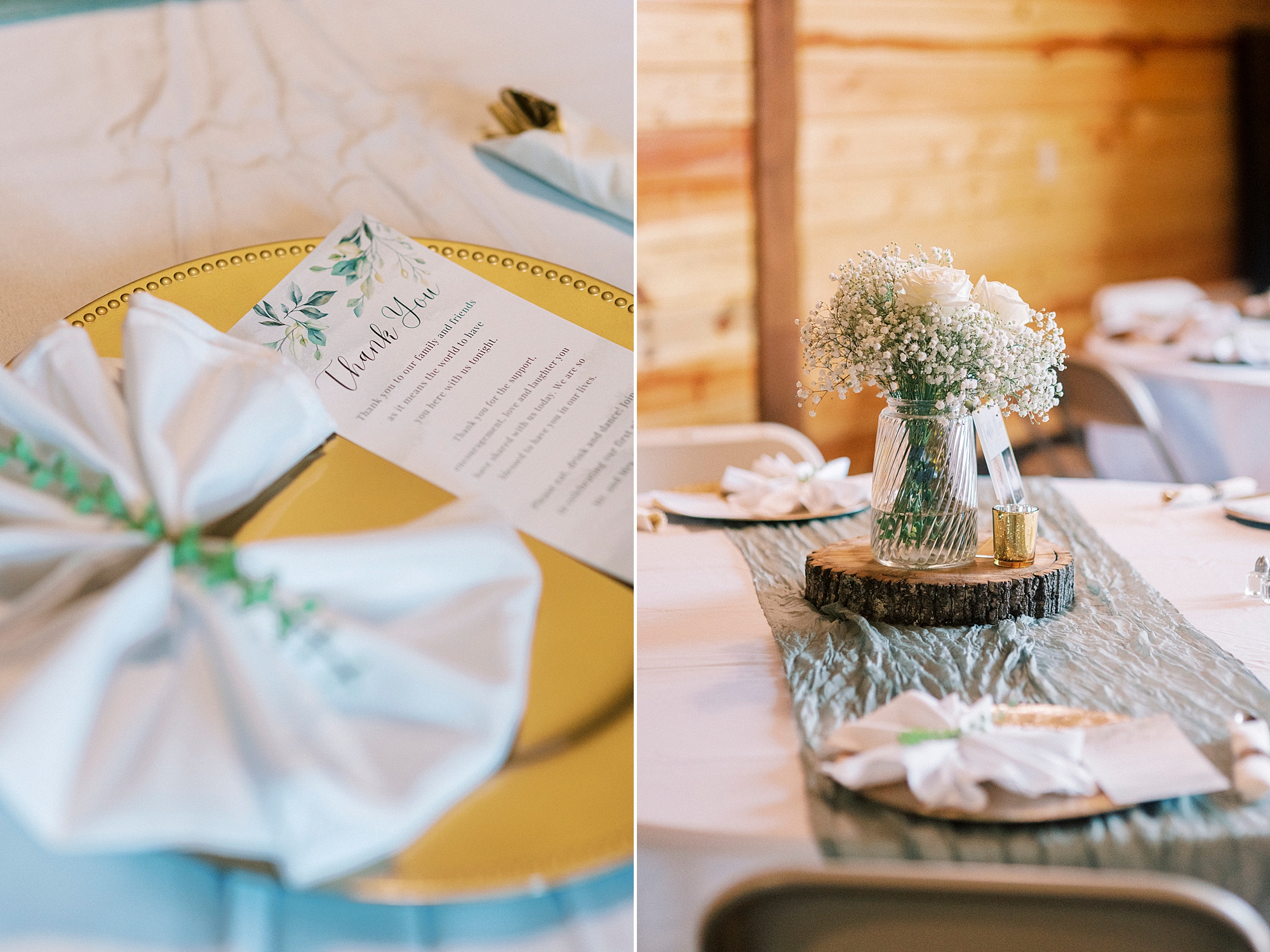 wedding centerpieces with baby's breath on wooden chargers 