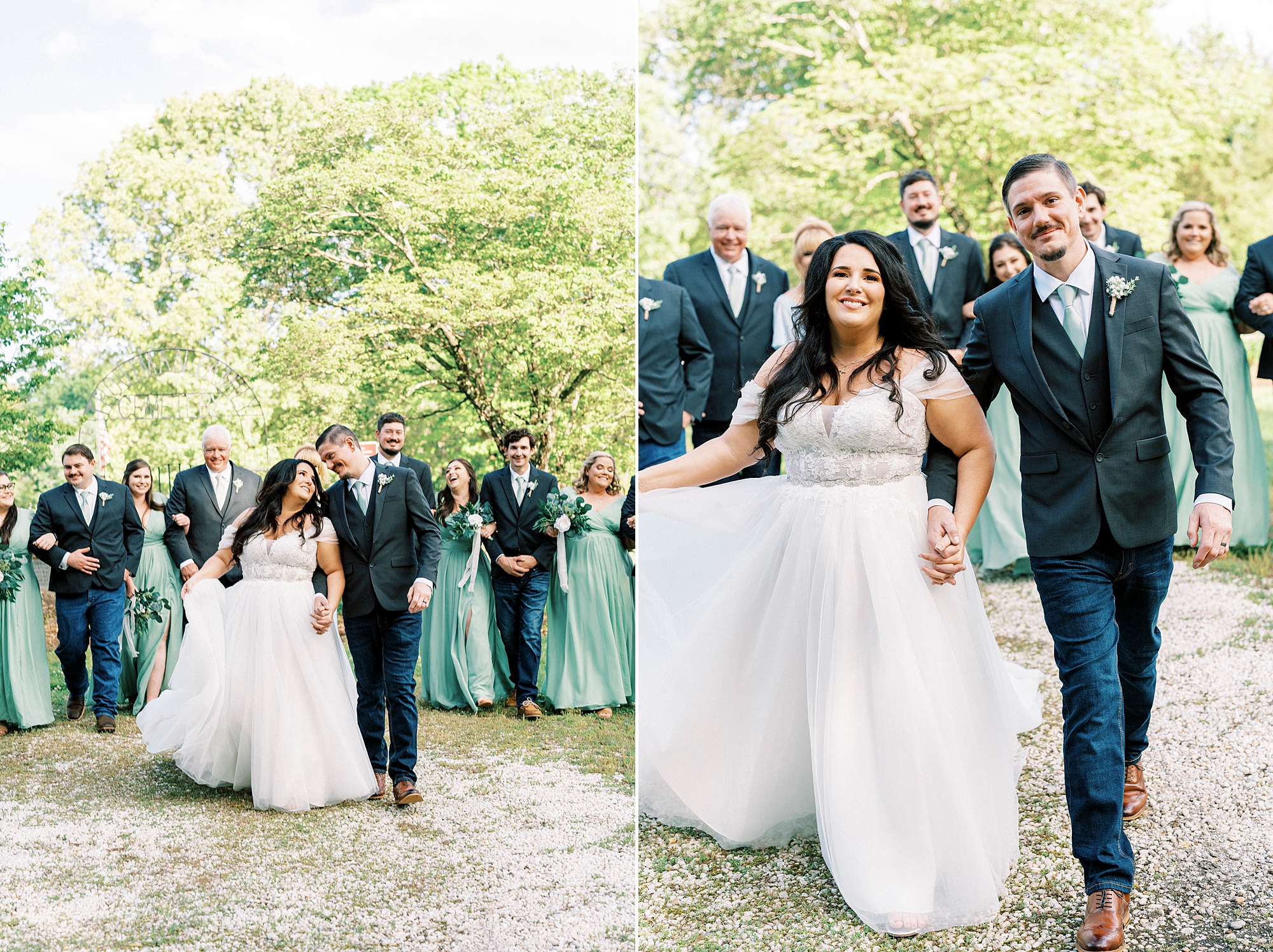 bride and groom hold hands walking with wedding party in mint and navy behind them