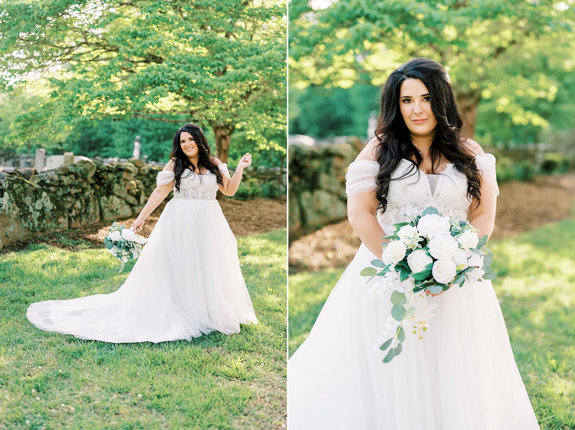 bride stands in wedding dress with white and green bouquet at Danner Farms