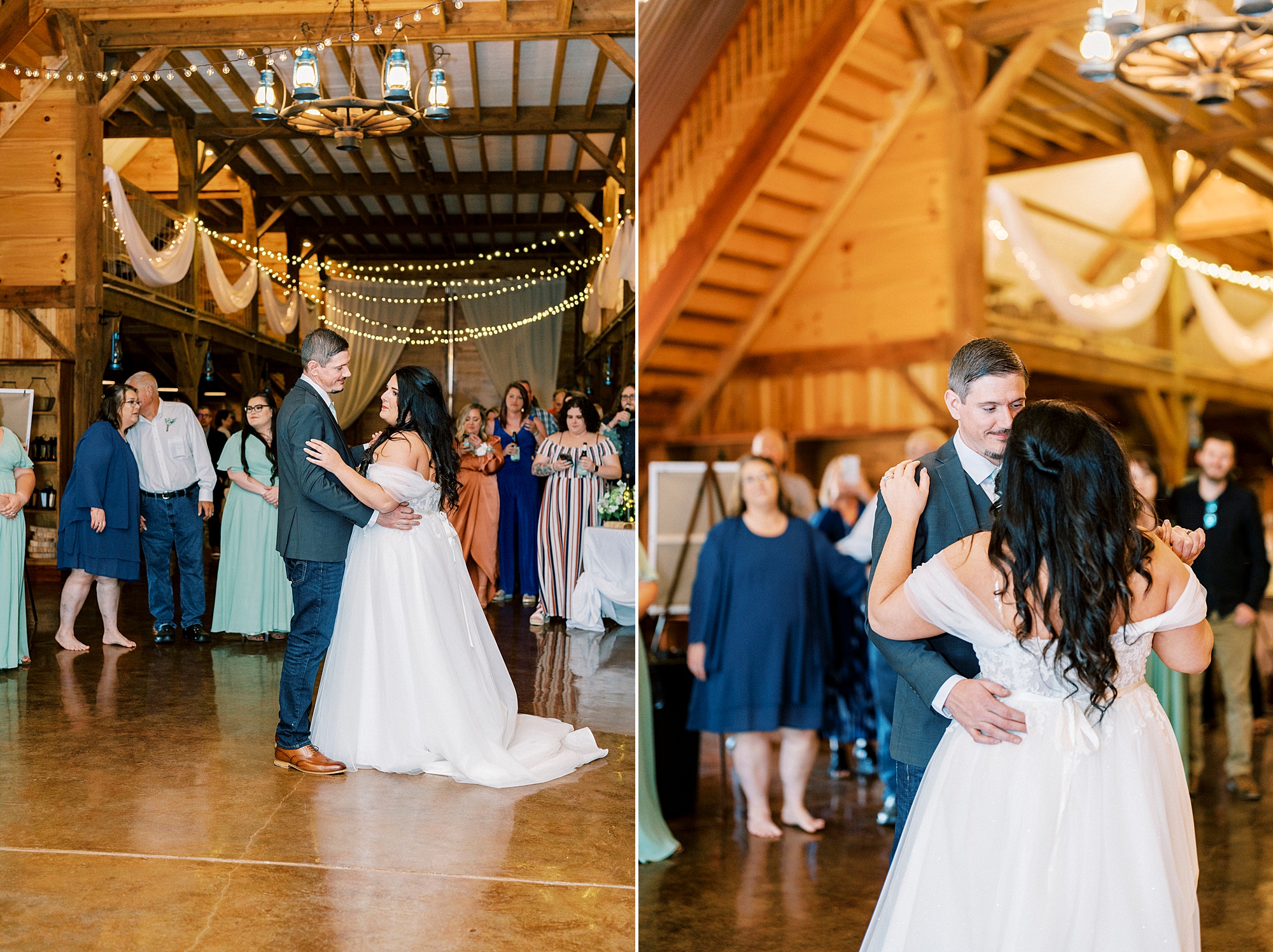 newlyweds dance together during Danner Farms wedding reception 