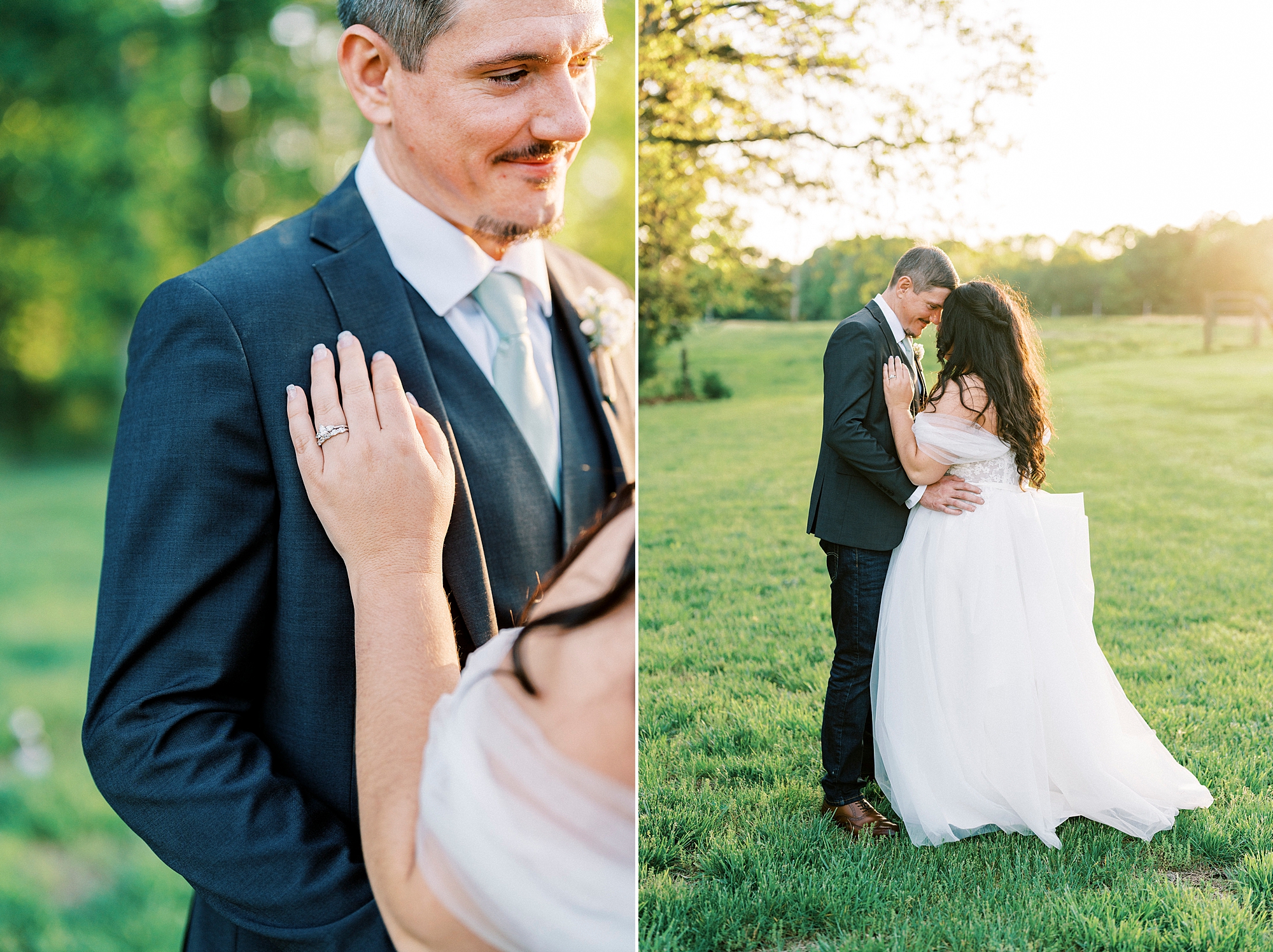bride and groom hug together on lawn at Danner Farms at sunset
