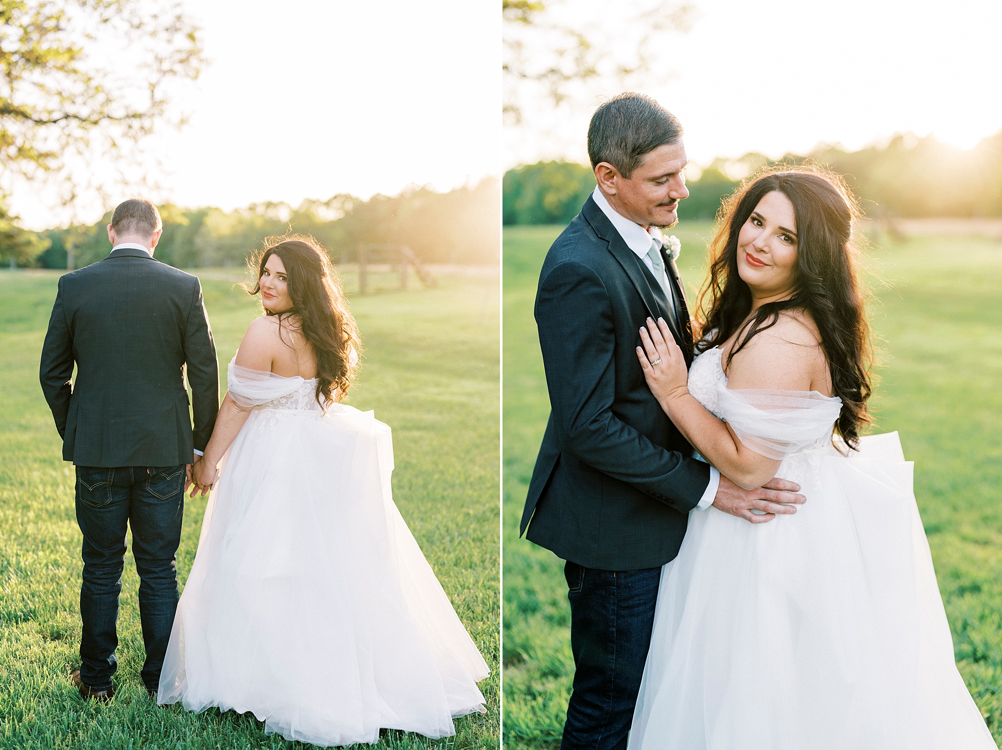 bride and groom smile together during sunset at Danner Farms
