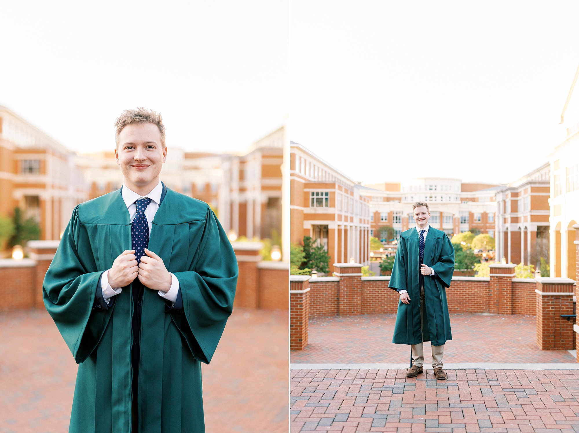 graduating senior in green gown tosses cap in air 