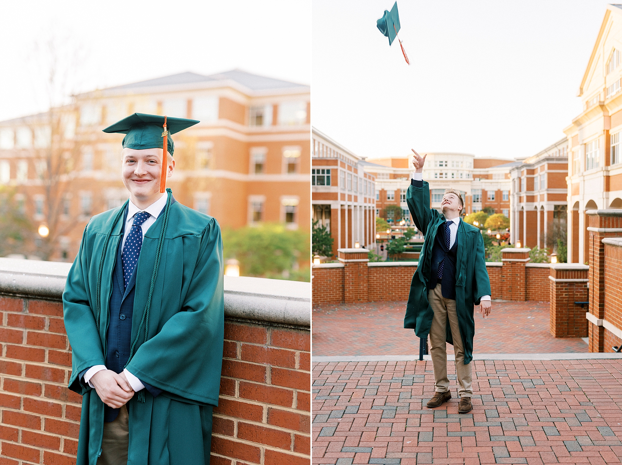 senior tosses green cap in the air on quad at UNC Charlotte