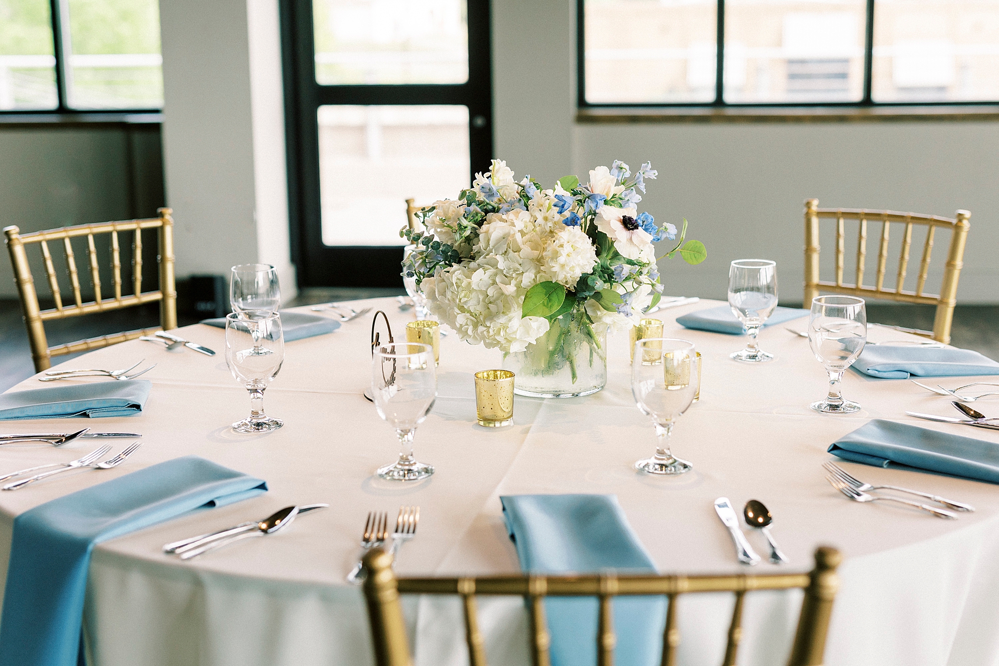 reception at Terrace at Cedar Hill with pastel blue and white details