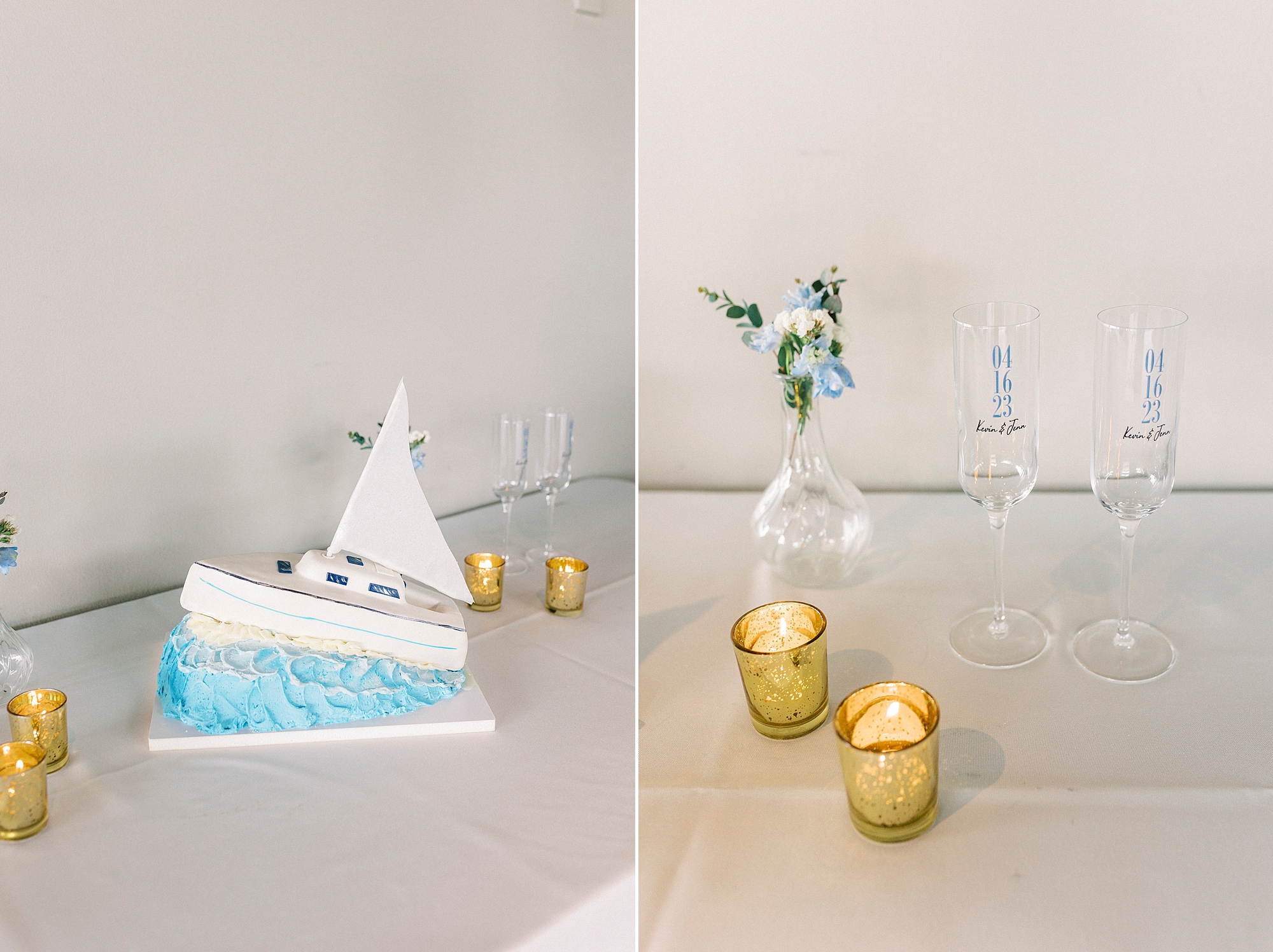 wedding cake in shape of boat next to gold candles for reception at the Terrace at Cedar Hill