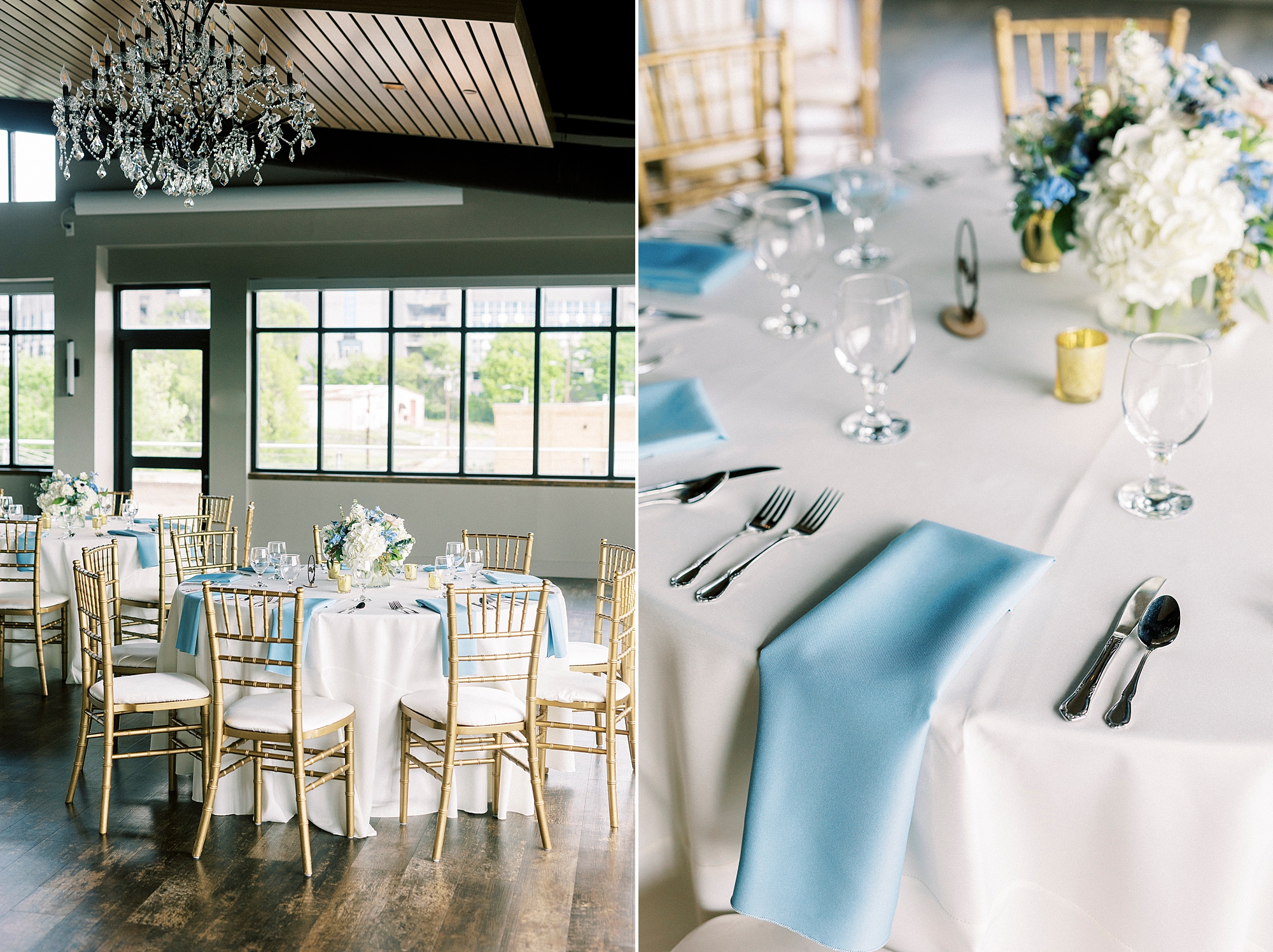wedding reception at Terrace at Cedar Hill with light blue napkins and gold candles