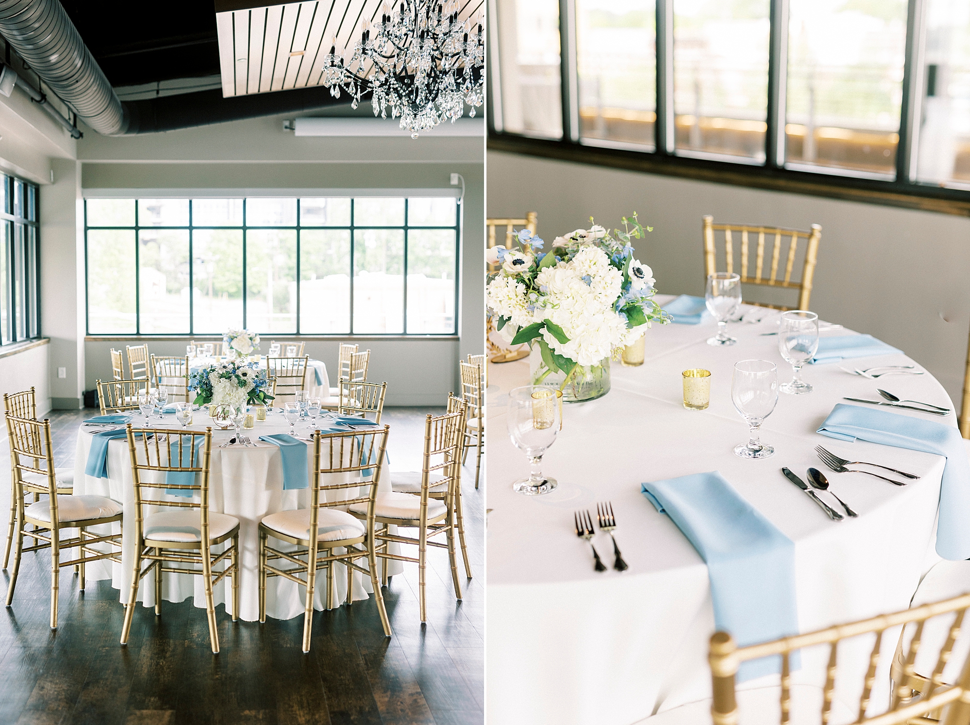 wedding reception at the Terrace at Cedar Hill with blue and white flowers and gold candles