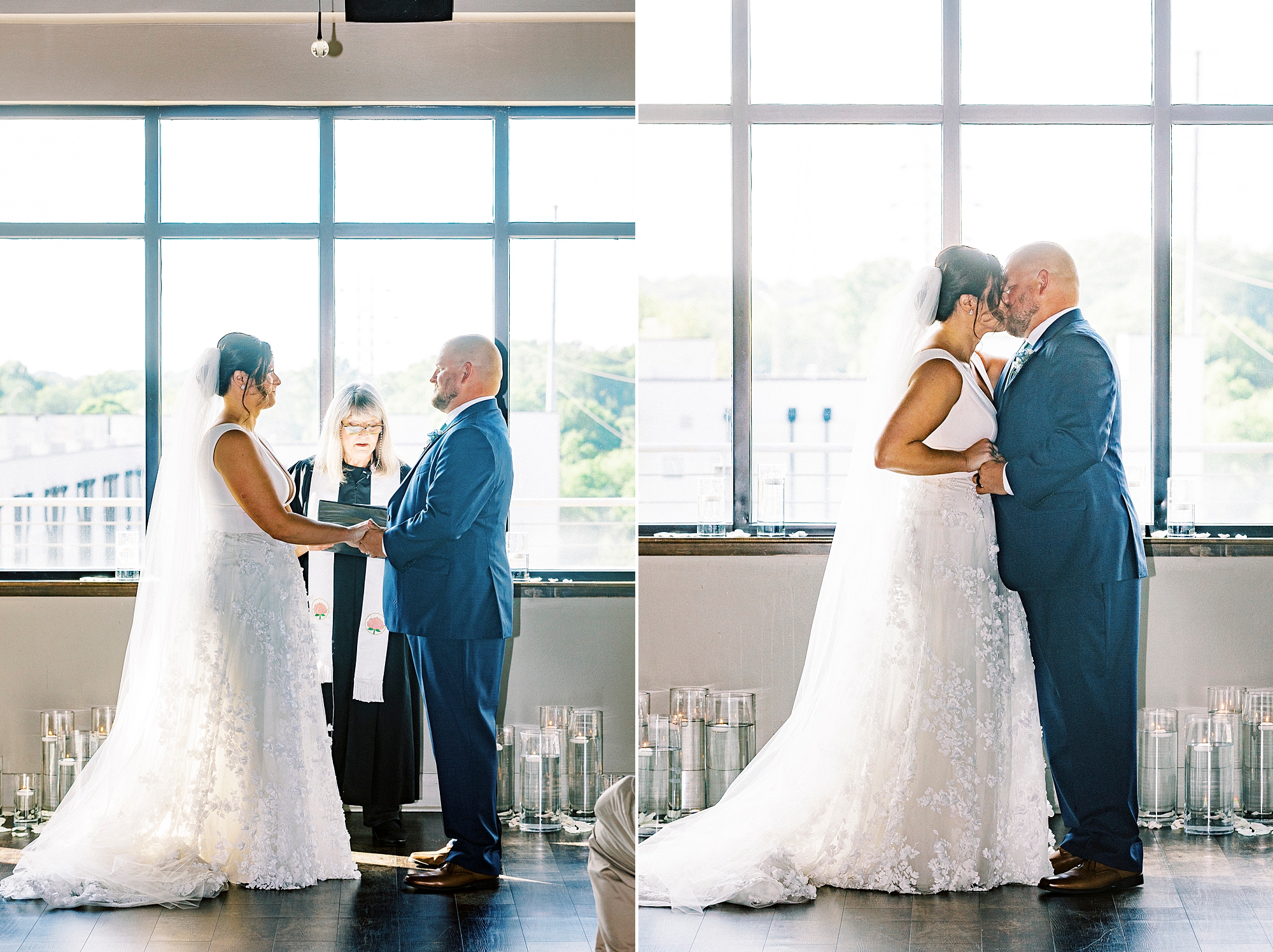 wedding ceremony by large window in the Terrace at Cedar Hill
