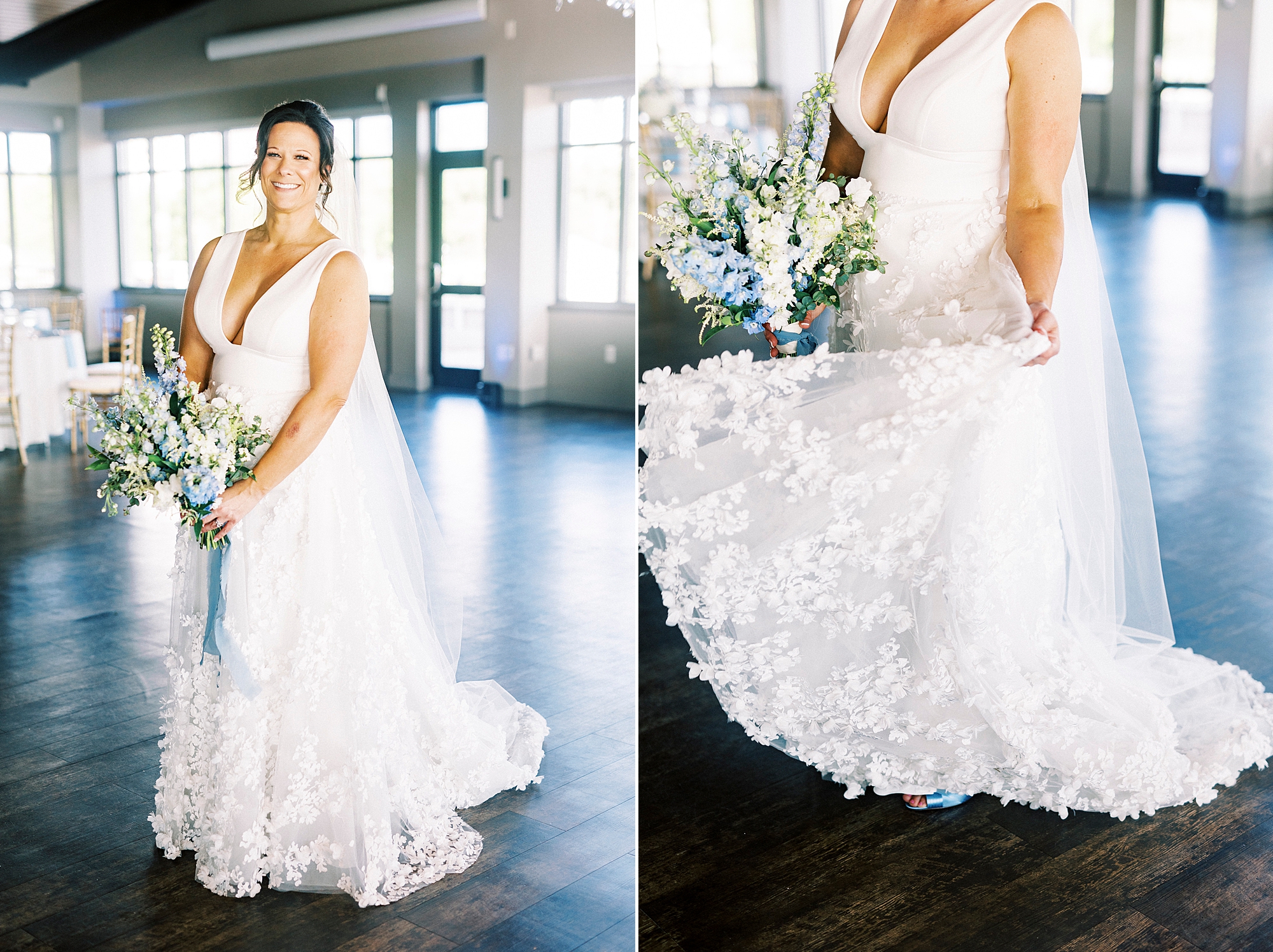 bride twirls showing off edge of wedding dress