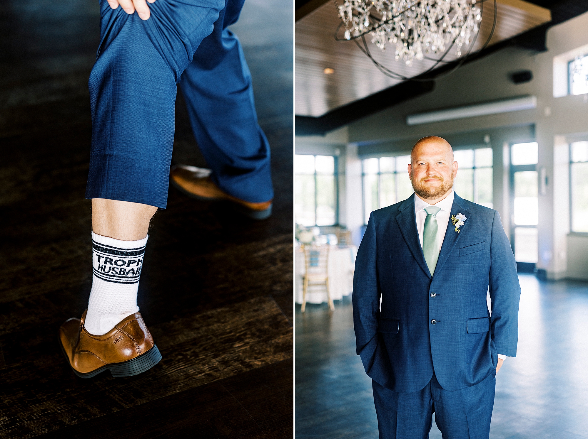 groom in navy suit shows off custom socks
