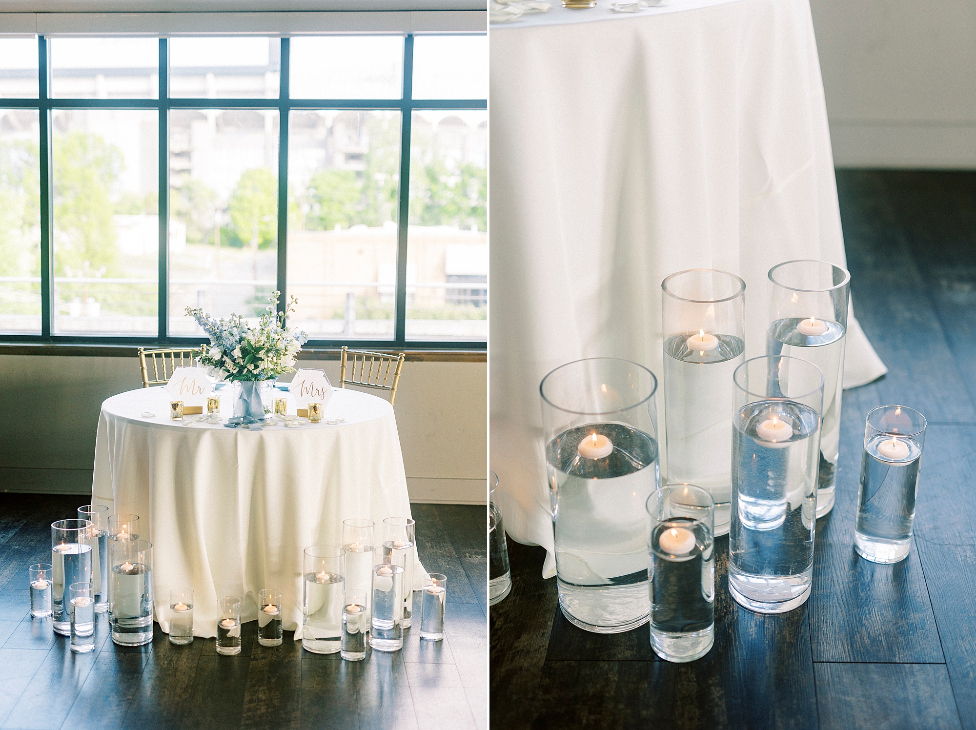 sweetheart table with floating candles on floor nearby 