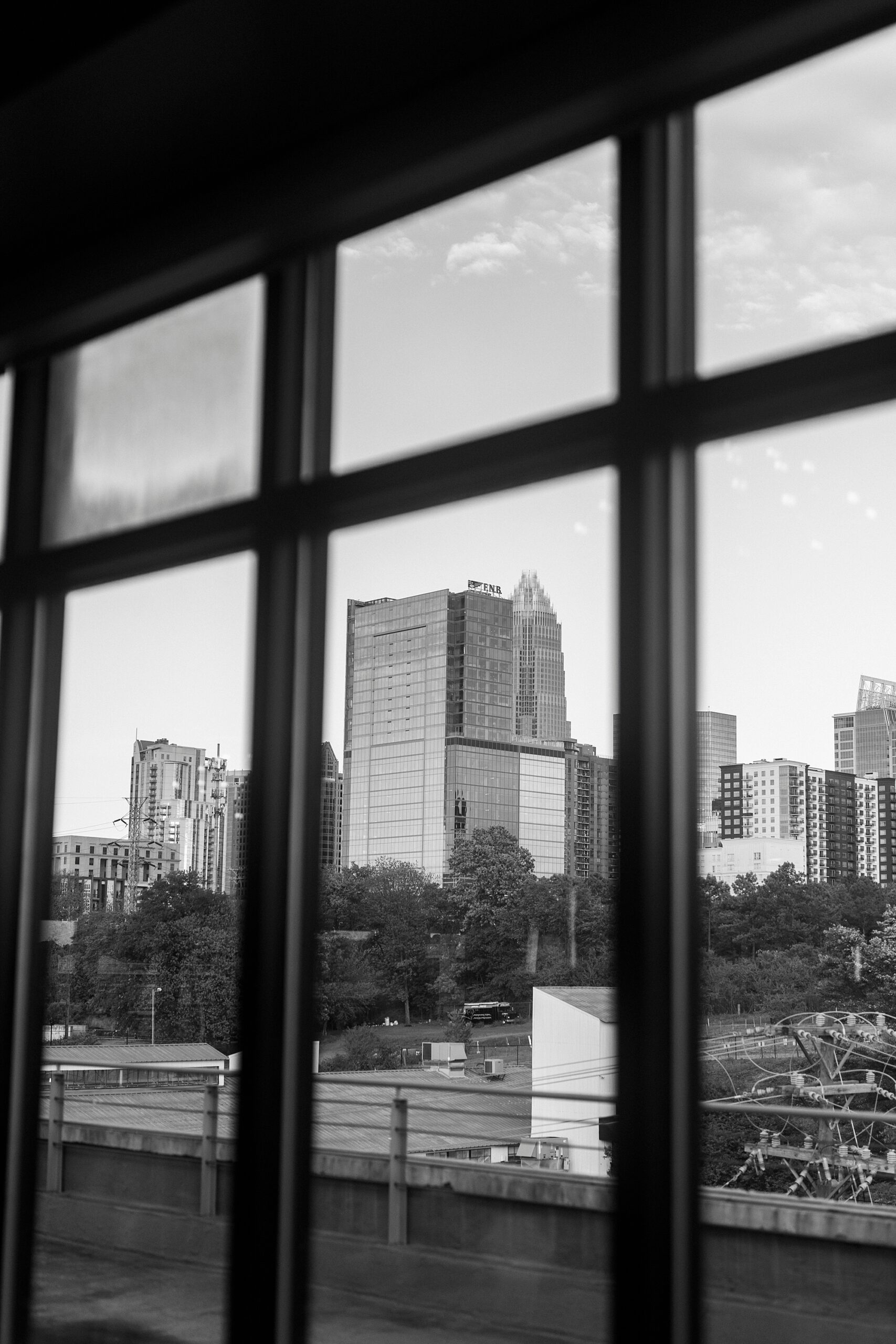 Uptown Charlotte skyline out window from the Terrace at Cedar Hill