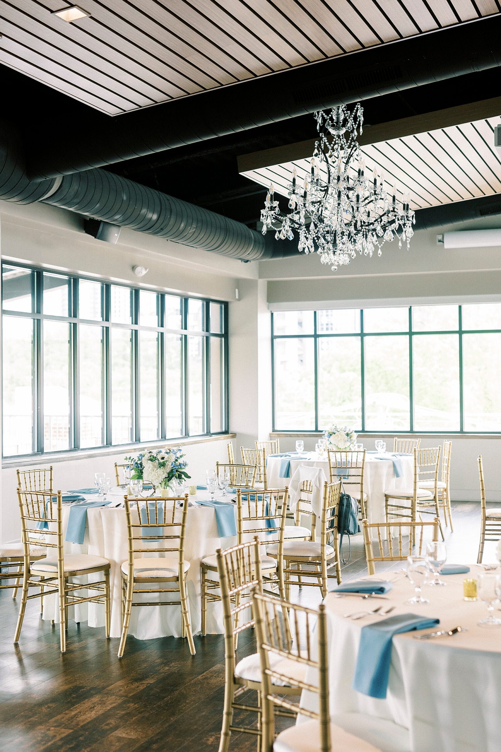 wedding reception at the Terrace at Cedar Hill with blue and white details 