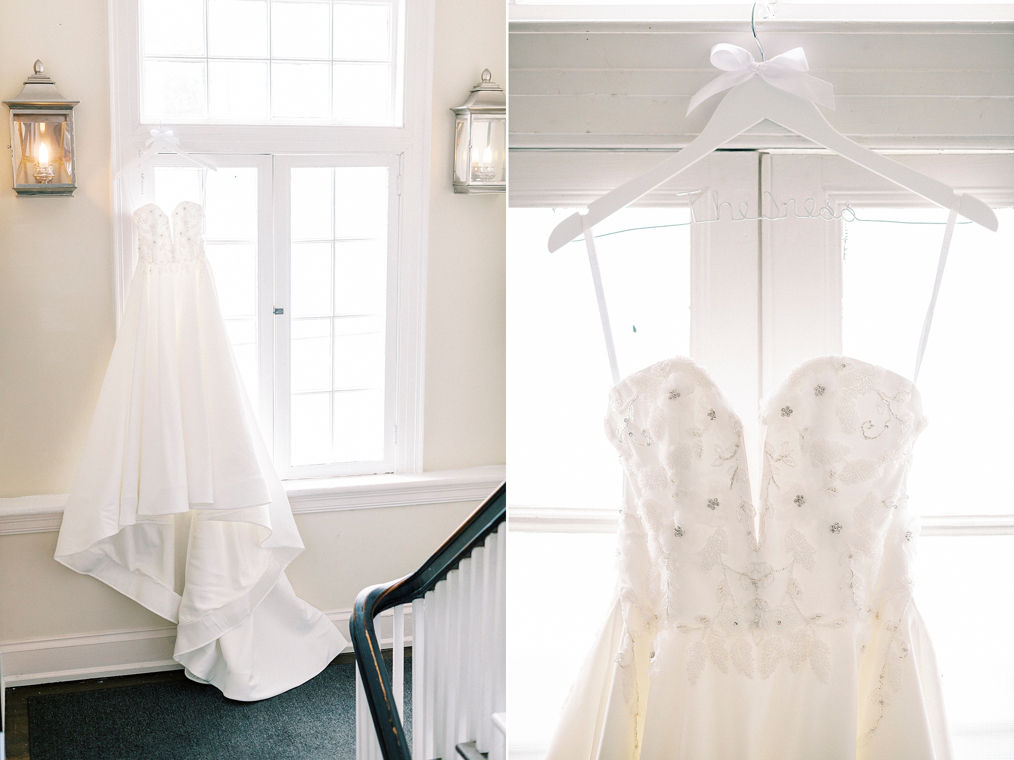 bride's dress hangs in window at The Spring House in Winston-Salem NC