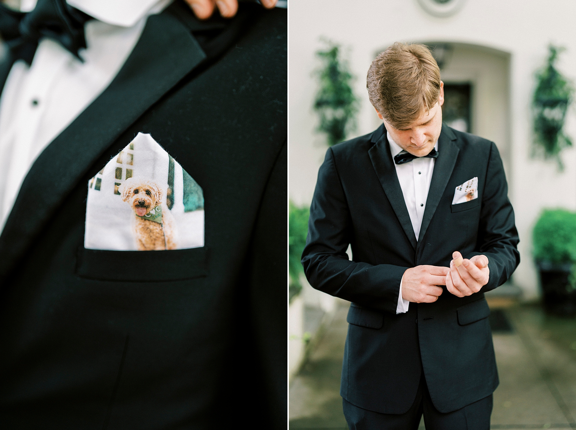 groom adjusts cufflinks and pocket square with photo of dog 