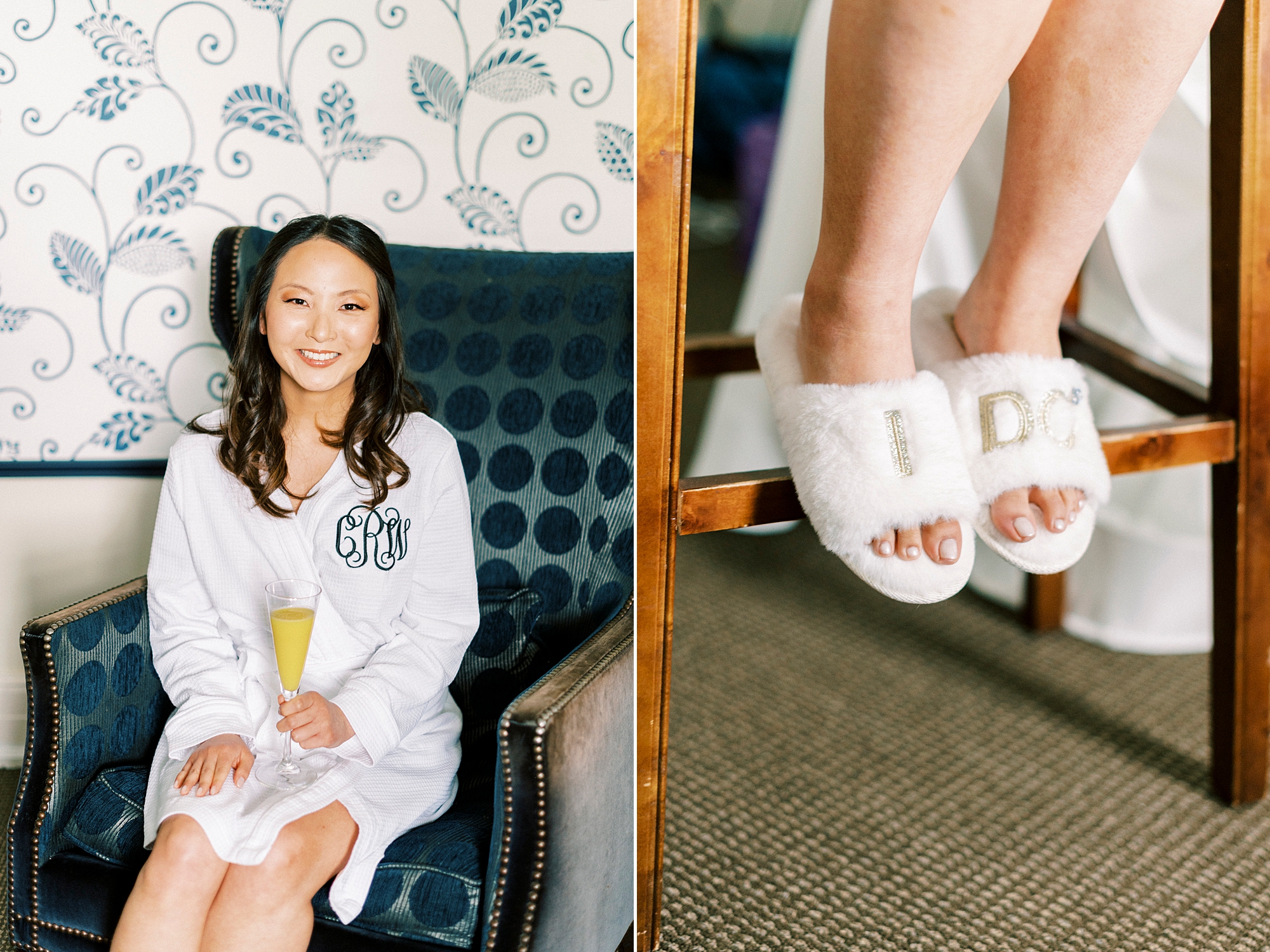 bride sits in white robe and BRIDE slippers at The Spring House