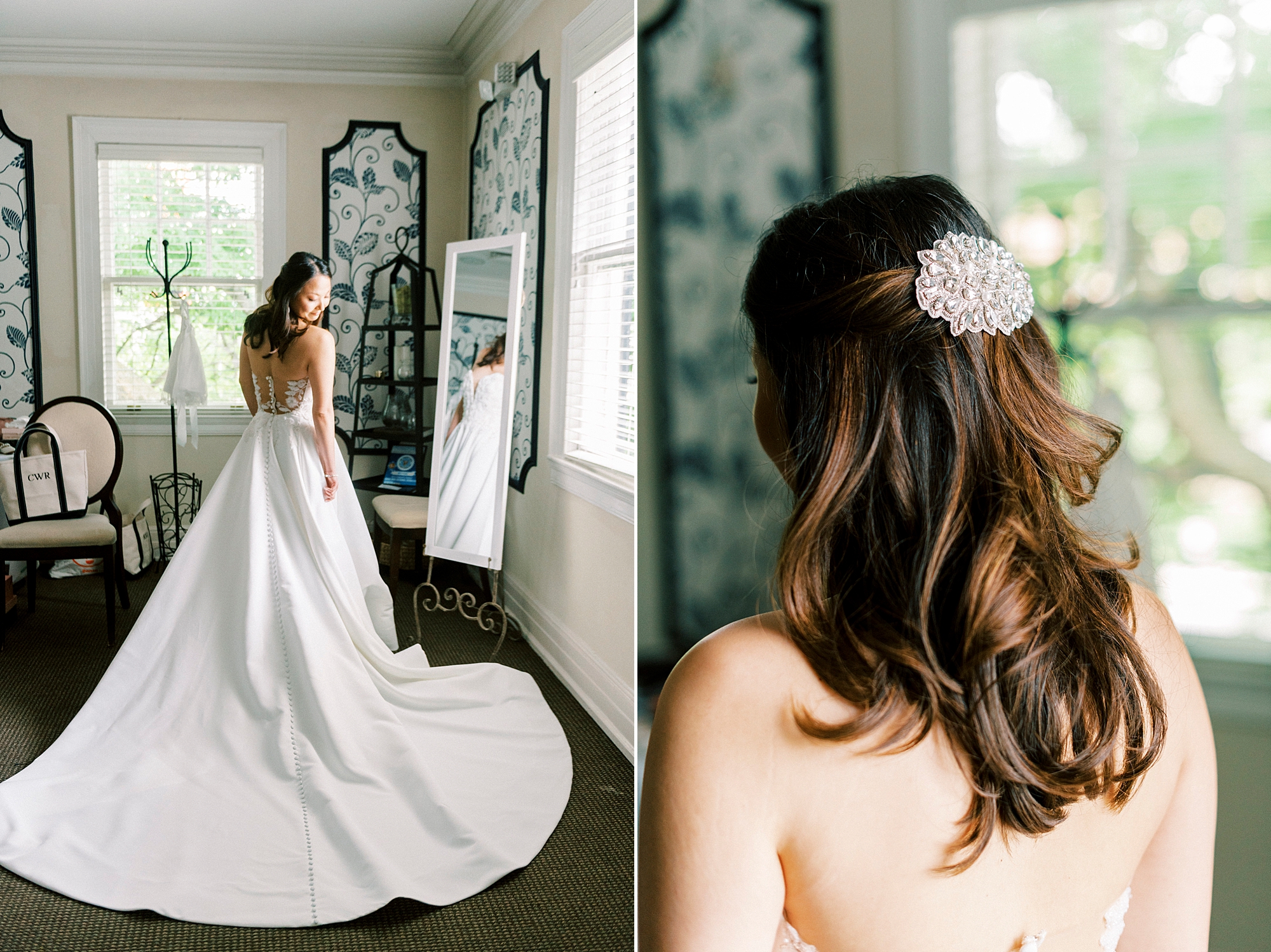 bride stands looking in mirror in suite at The Spring House