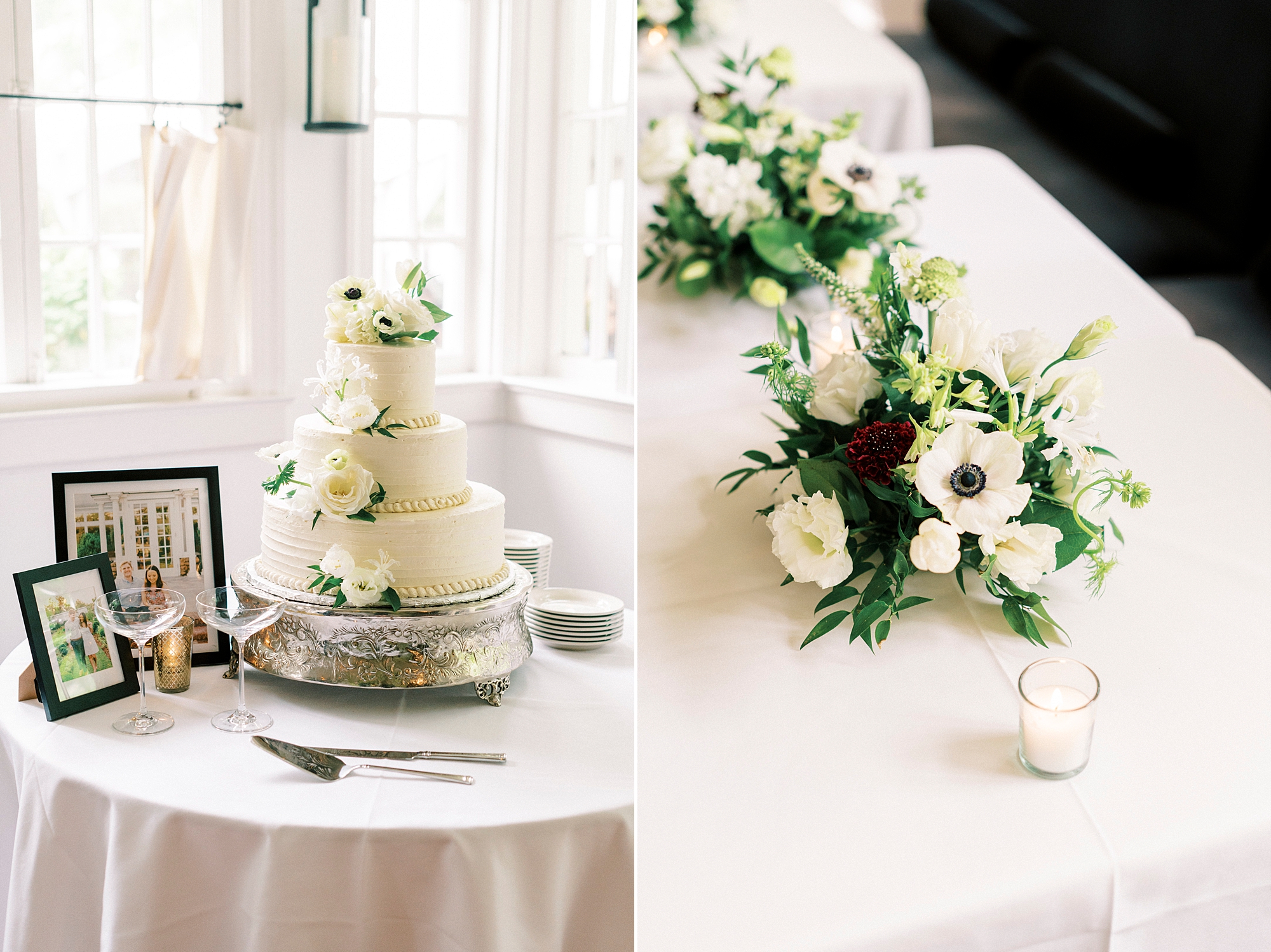 wedding reception tables with white flowers and greenery 