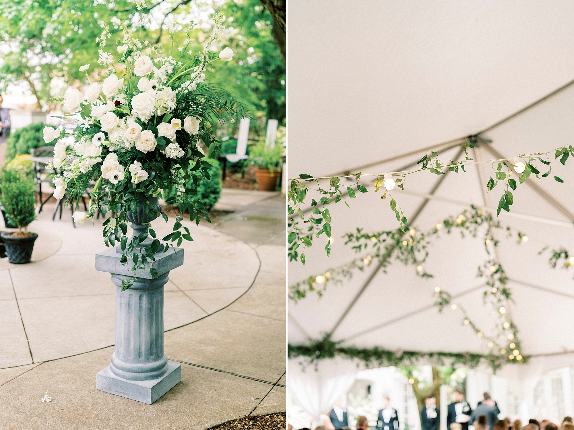 wedding ceremony florals hanging from tent