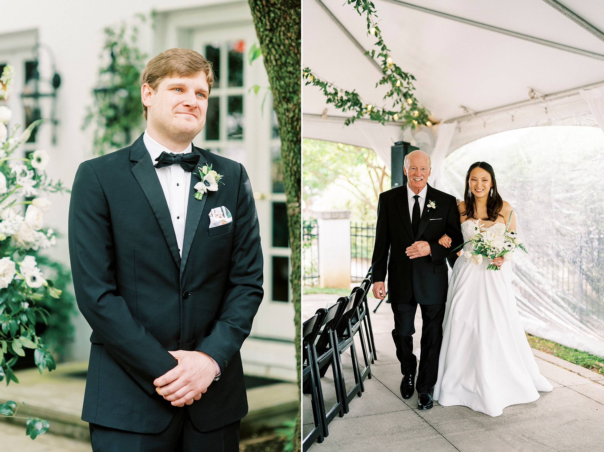 groom watches bride walk down aisle under tent with dad
