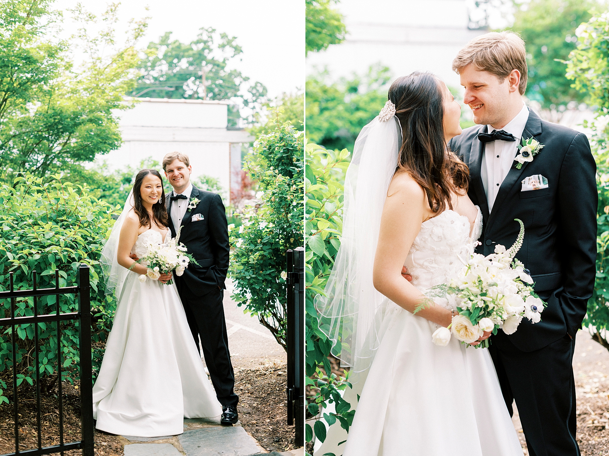 bride and groom hug in gardens smiling at each other outside The Spring House