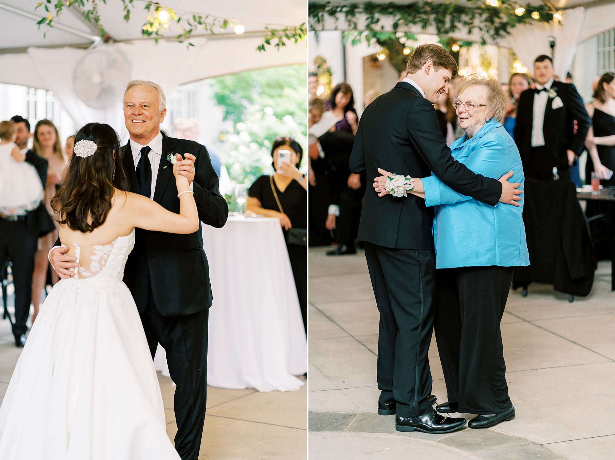 bride and groom dance with parents during wedding reception 