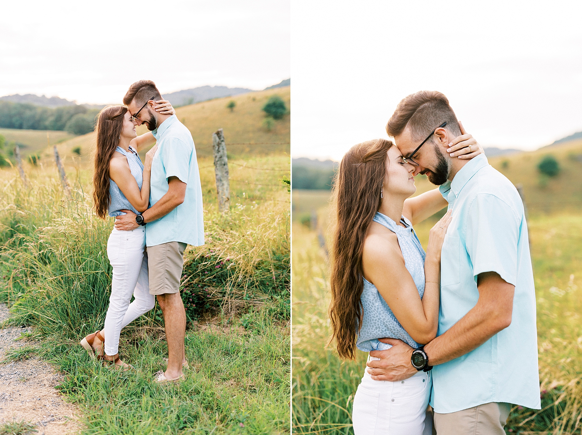 engaged couple hugs in field during Blue Ridge Parkway Engagement Session at Moses Cone Manor