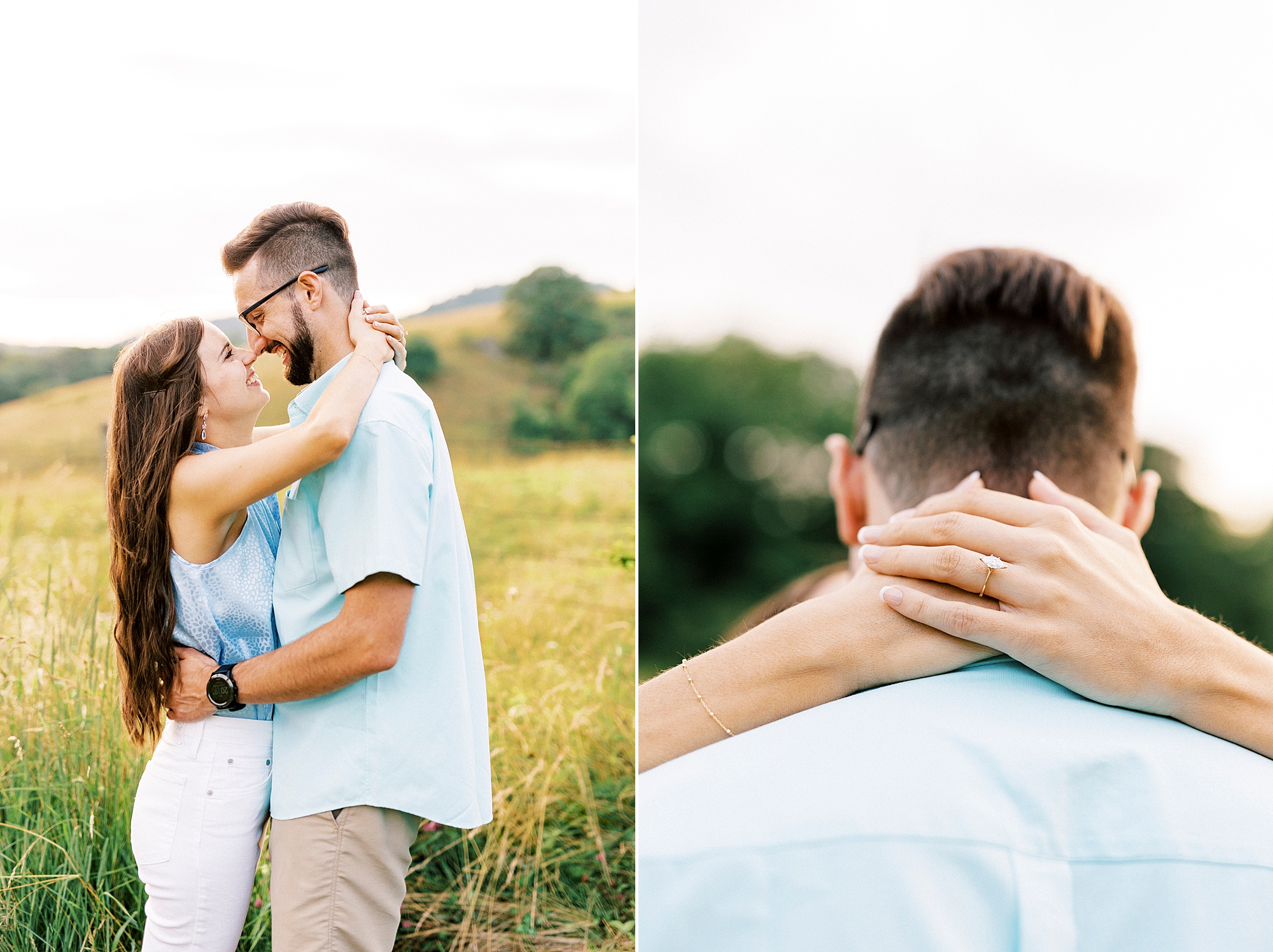 woman hugs man around neck showing off engagement ring at Blue Ridge Parkway engagement session at Moses Cone Manor
