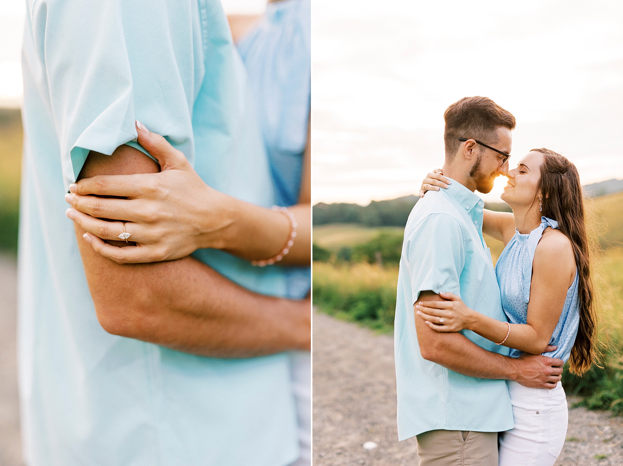 couple hugs in blue shirts on pathway during Blue Ridge Parkway engagement session